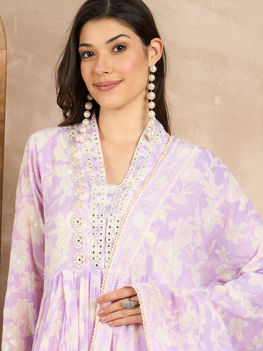 Women Printed Pleated Mirror Work Kurta with Trousers & With Dupatta