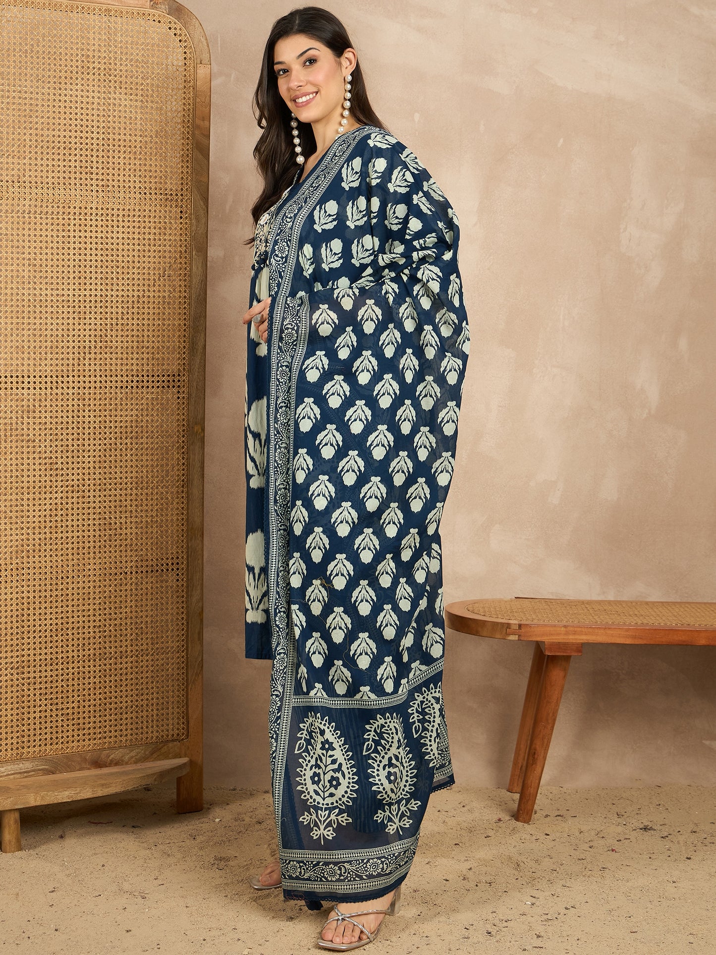 Women Ethnic Motifs Printed Regular Mirror Work Pure Cotton Kurta with Trousers & With Dupatta