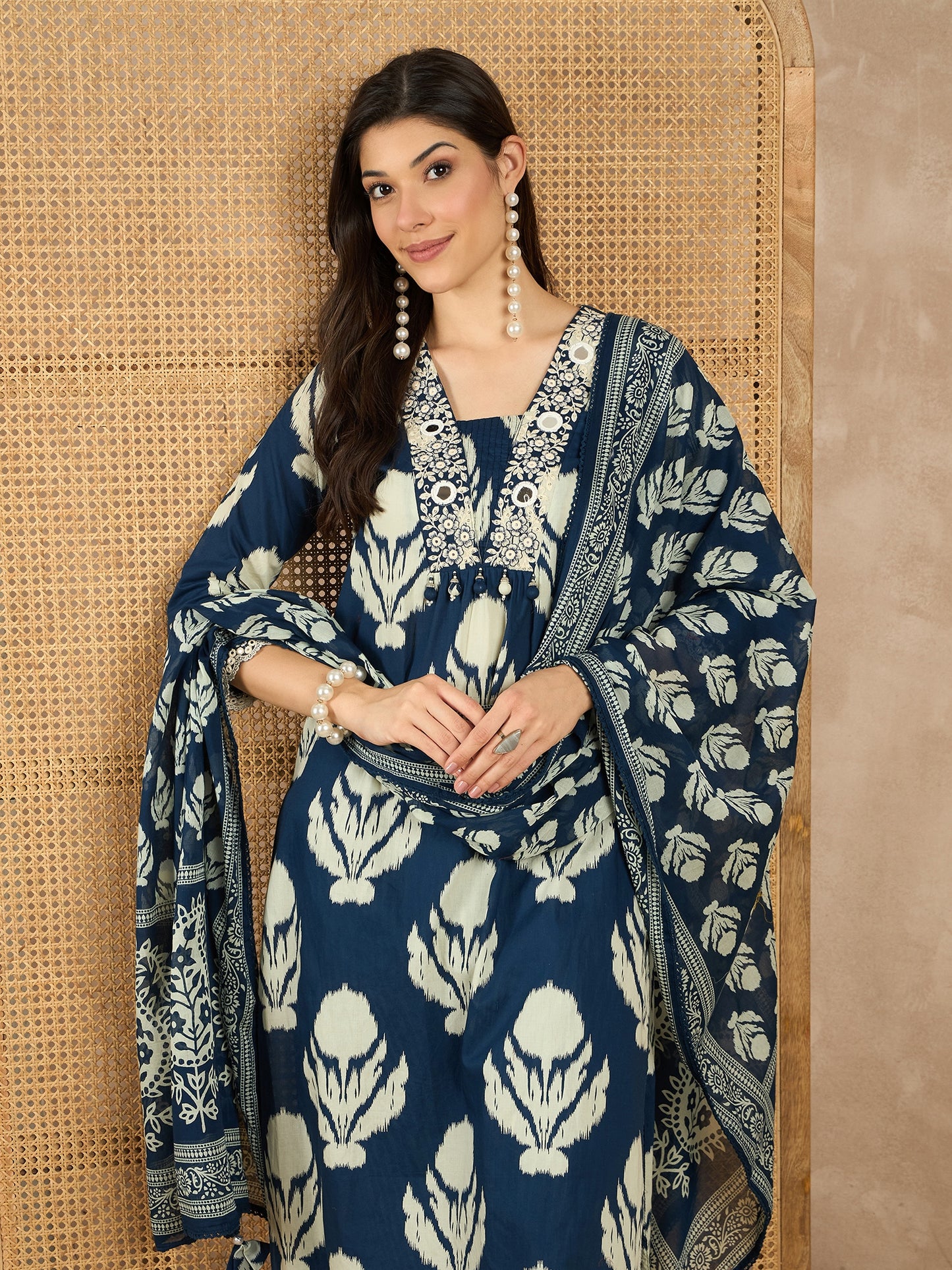 Women Ethnic Motifs Printed Regular Mirror Work Pure Cotton Kurta with Trousers & With Dupatta