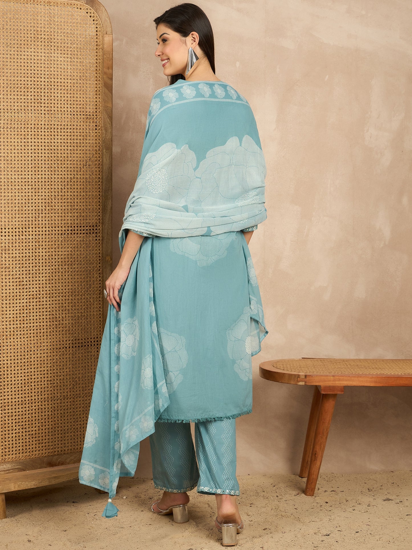 Women Floral Printed Regular Mirror Work Pure Cotton Kurta with Trousers & With Dupatta