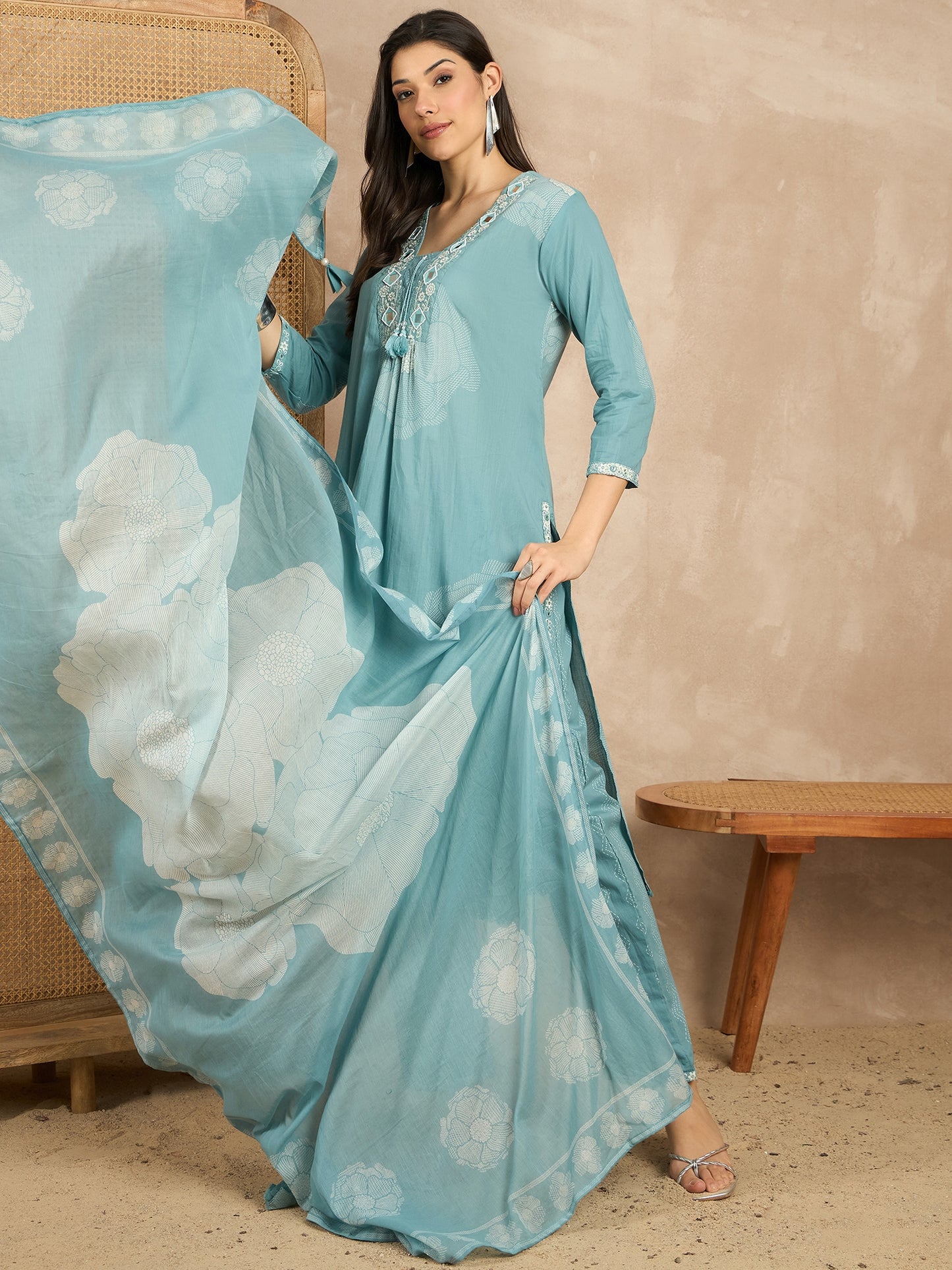 Women Floral Printed Regular Mirror Work Pure Cotton Kurta with Trousers & With Dupatta