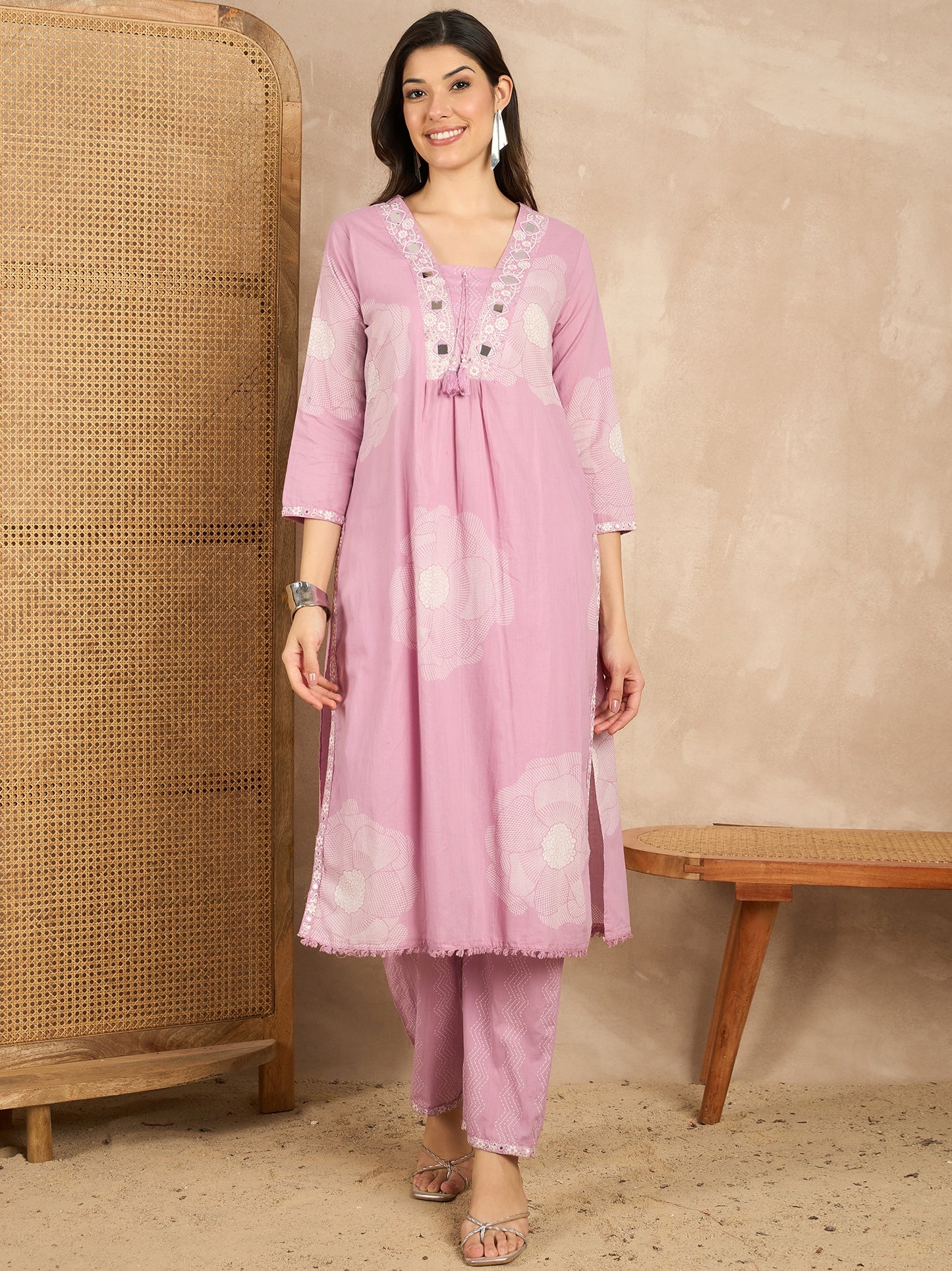 Women Floral Printed Regular Mirror Work Pure Cotton Kurta with Trousers & With Dupatta