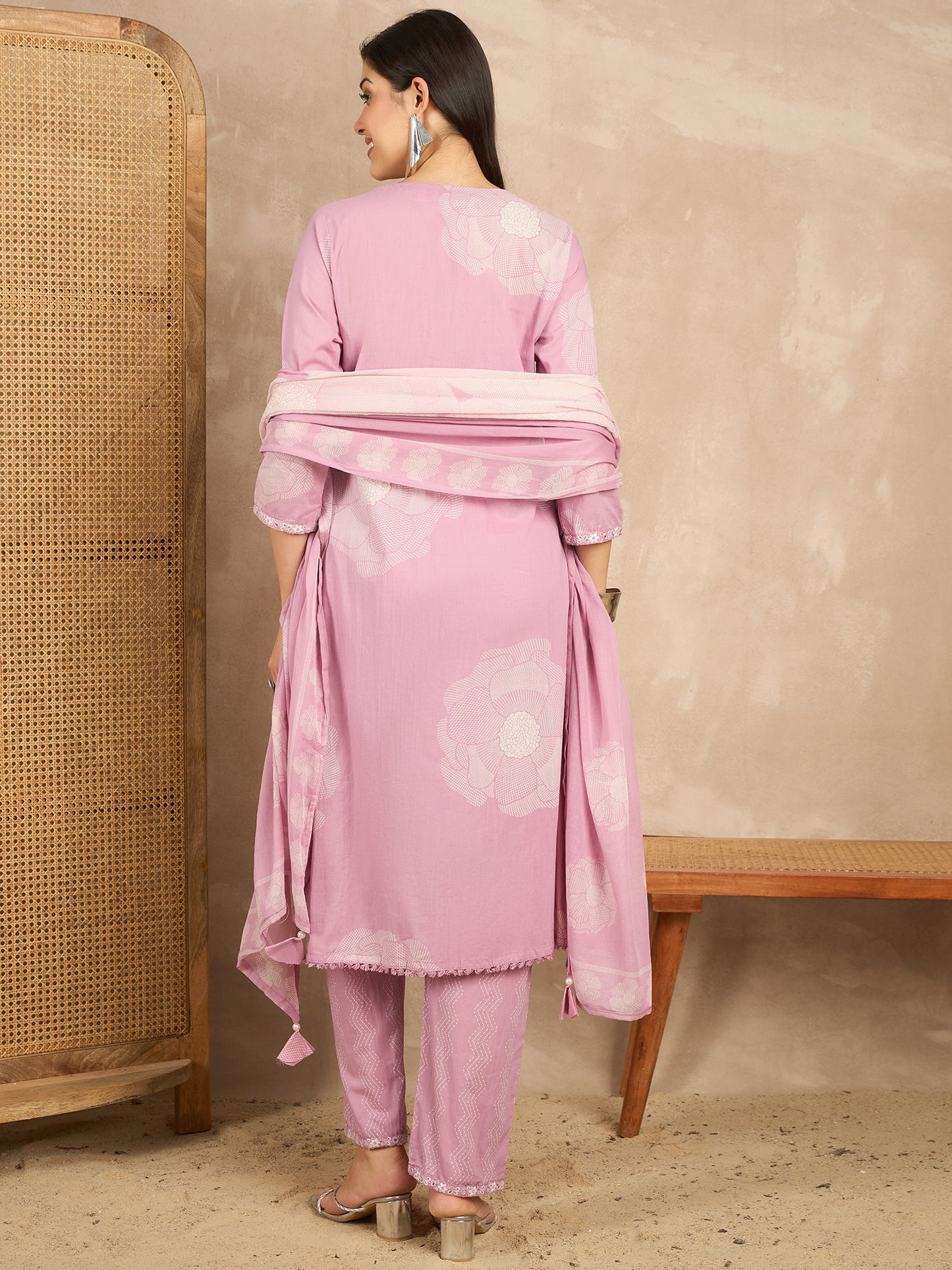 Women Floral Printed Regular Mirror Work Pure Cotton Kurta with Trousers & With Dupatta