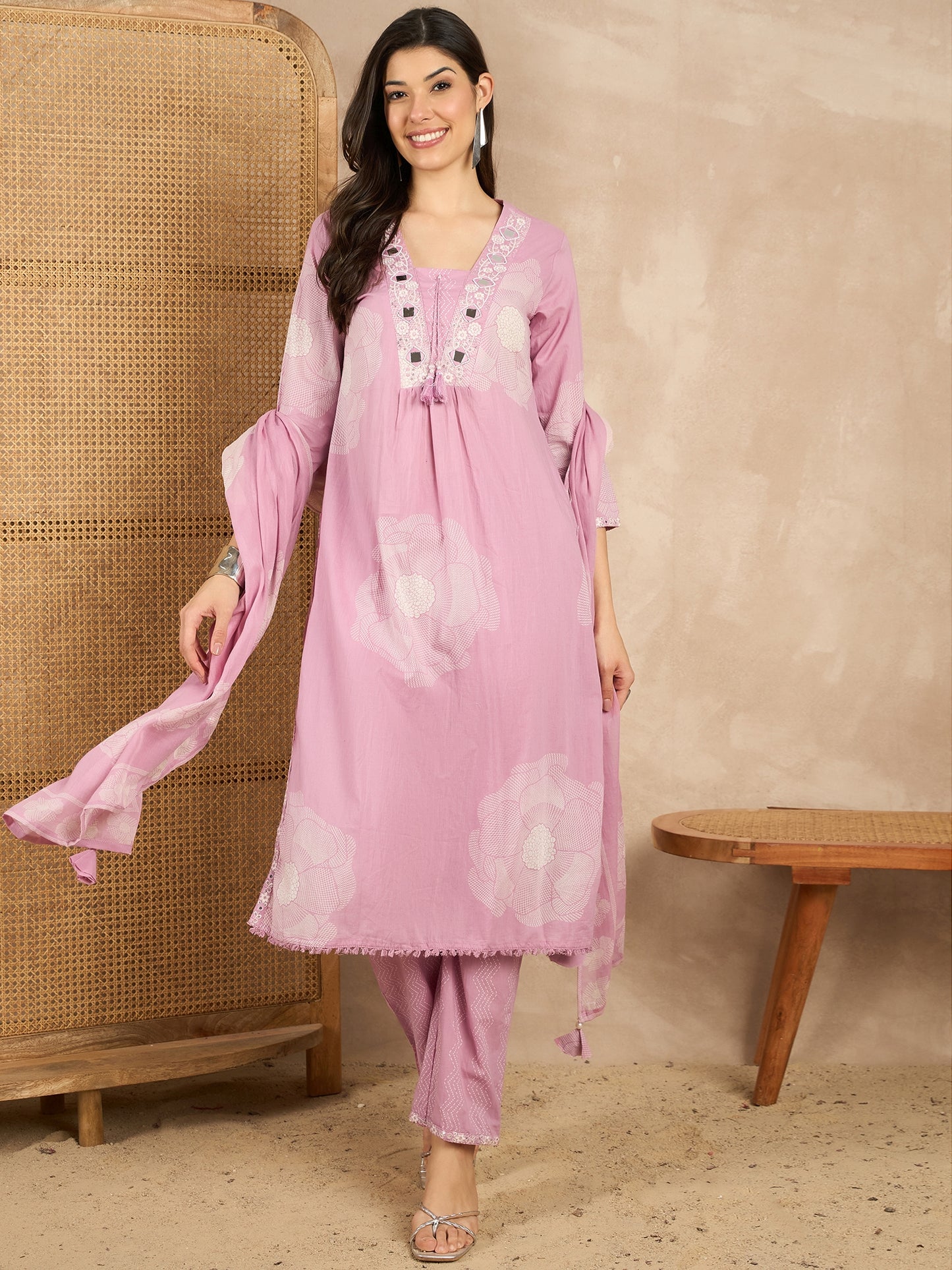 Women Floral Printed Regular Mirror Work Pure Cotton Kurta with Trousers & With Dupatta