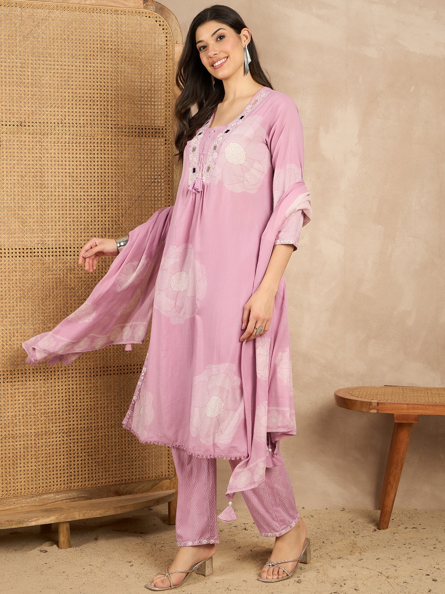 Women Floral Printed Regular Mirror Work Pure Cotton Kurta with Trousers & With Dupatta