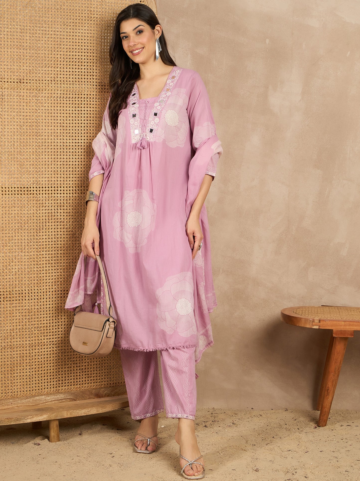 Women Floral Printed Regular Mirror Work Pure Cotton Kurta with Trousers & With Dupatta