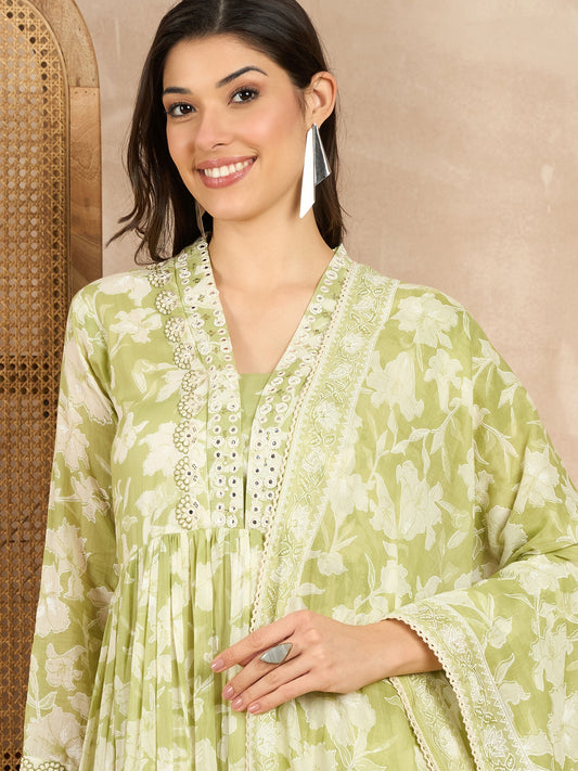 Women Floral Printed Pleated Mirror Work Kurta with Trousers & With Dupatta