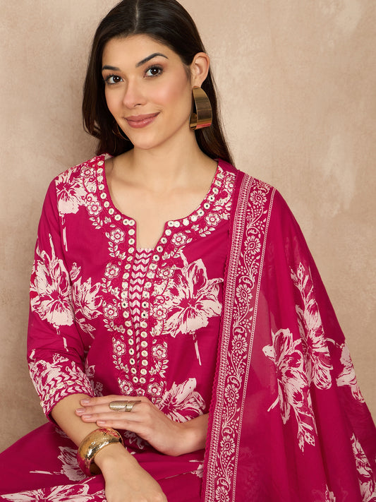 Women Floral Printed Regular Thread Work Pure Cotton Kurta with Trousers & With Dupatta
