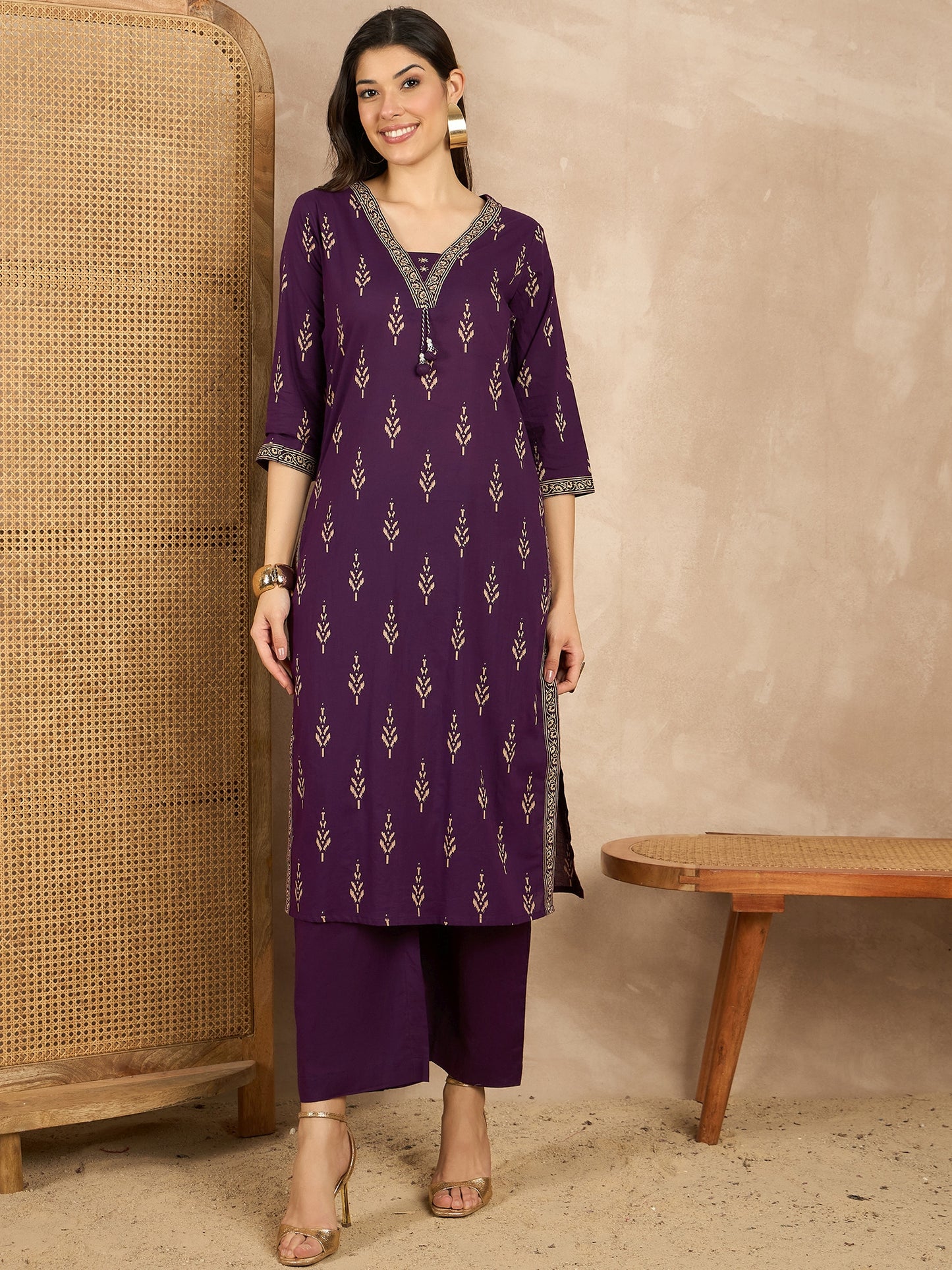Women Printed Regular Mirror Work Pure Cotton Kurta with Trousers & With Dupatta