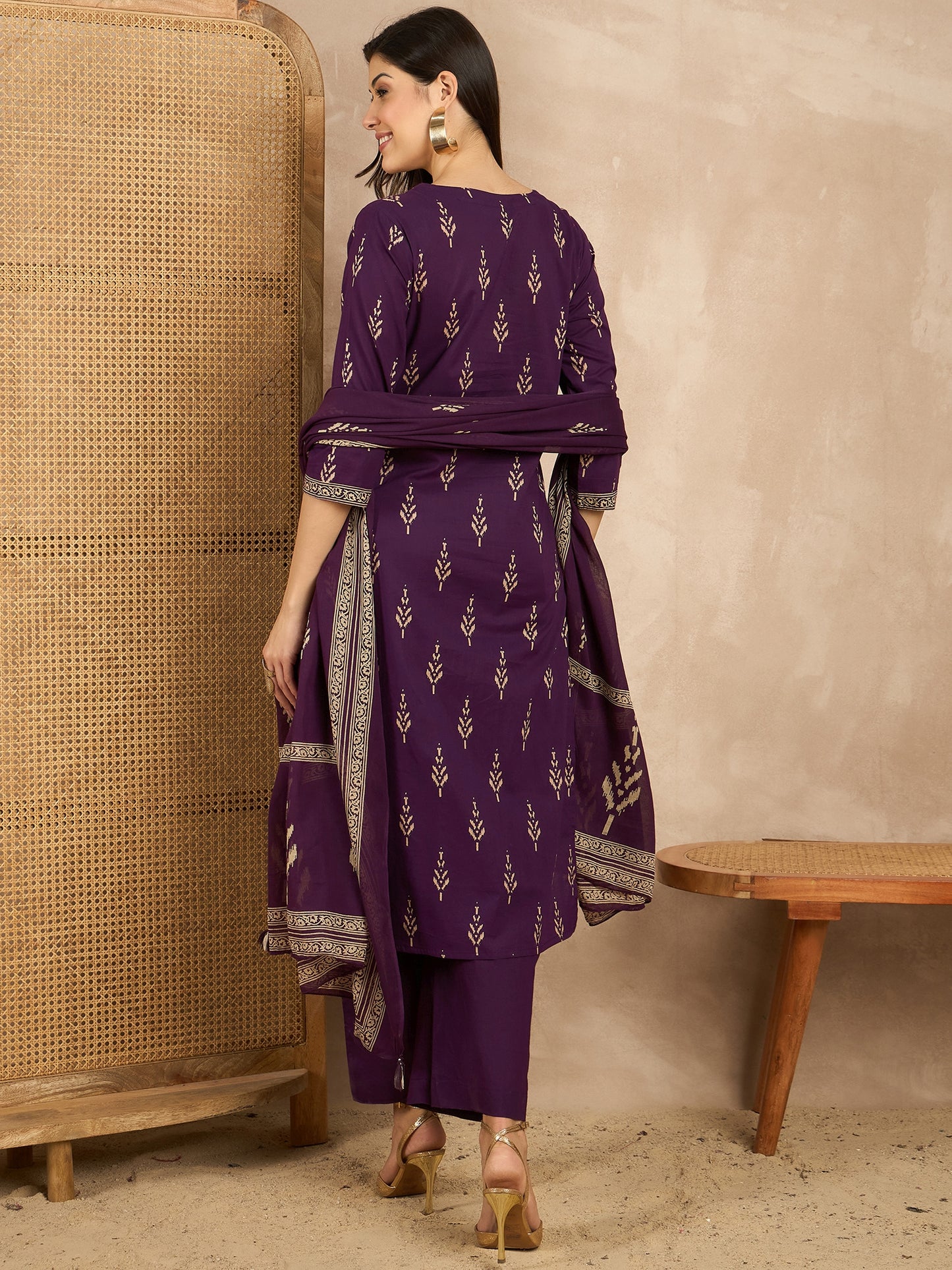Women Printed Regular Mirror Work Pure Cotton Kurta with Trousers & With Dupatta