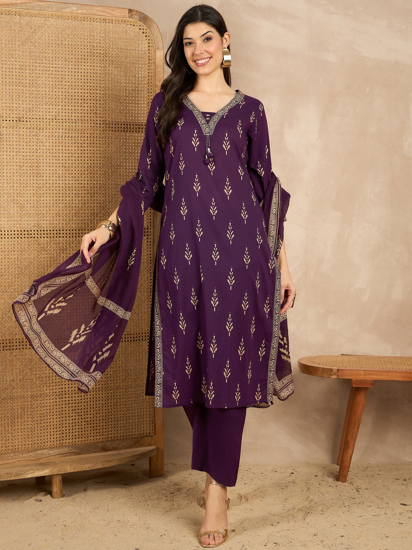 Women Printed Regular Mirror Work Pure Cotton Kurta with Trousers & With Dupatta