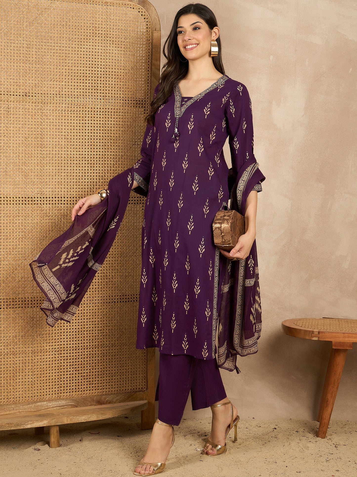 Women Printed Regular Mirror Work Pure Cotton Kurta with Trousers & With Dupatta