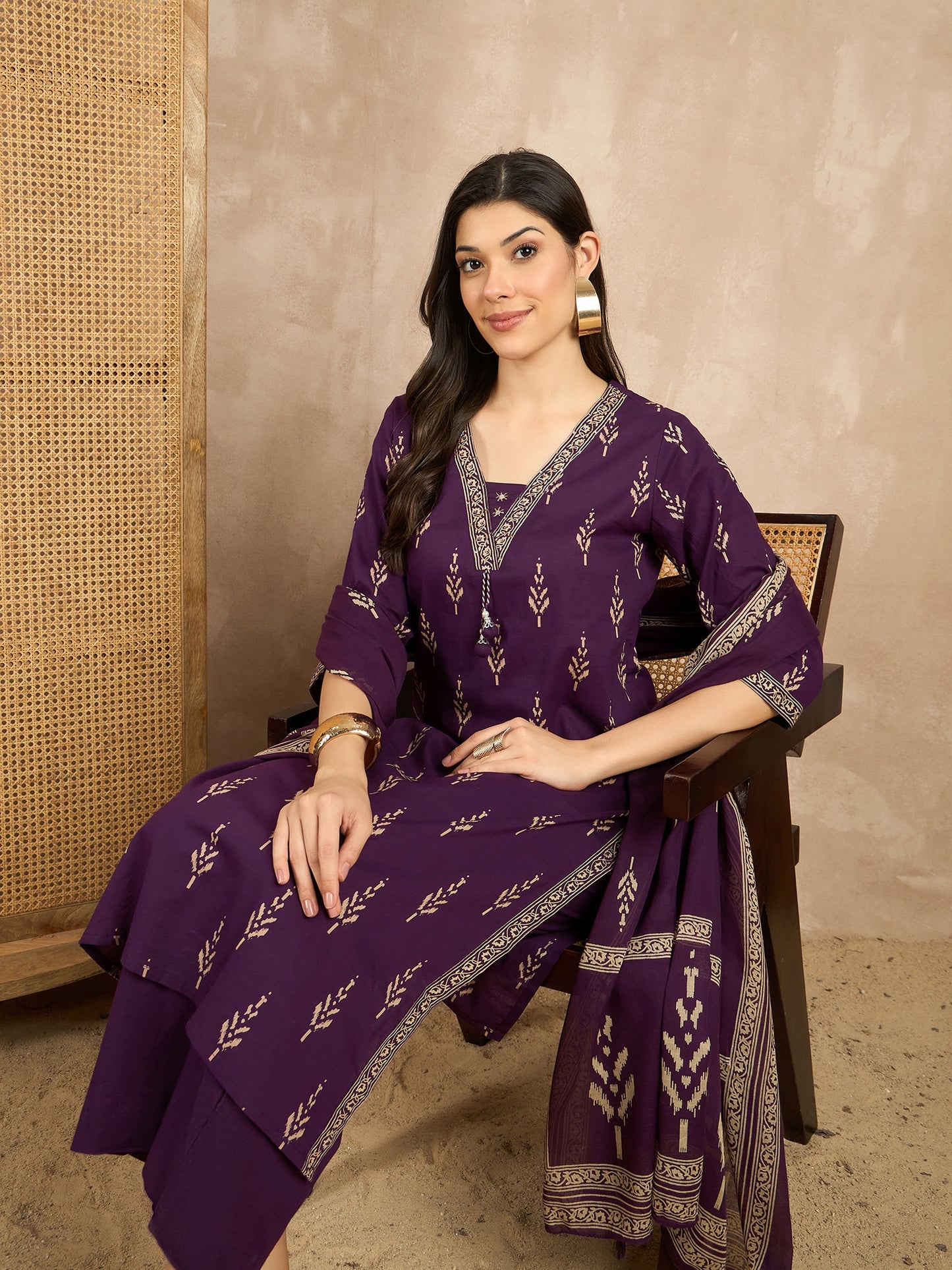Women Printed Regular Mirror Work Pure Cotton Kurta with Trousers & With Dupatta
