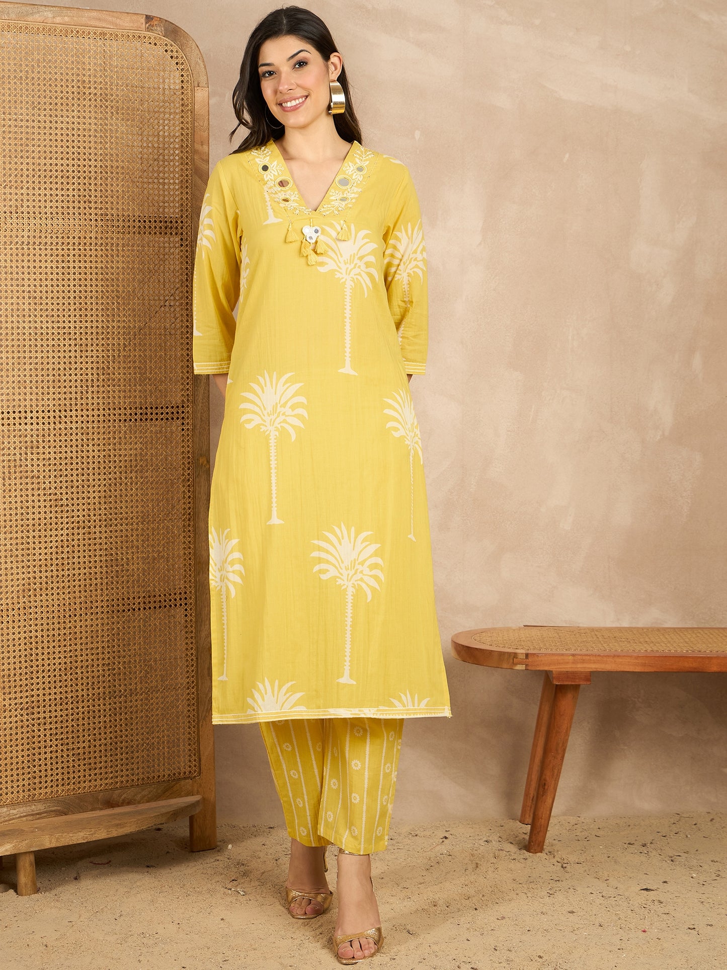 Women Ethnic Motifs Printed Regular Mirror Work Pure Cotton Kurta with Trousers & With Dupatta