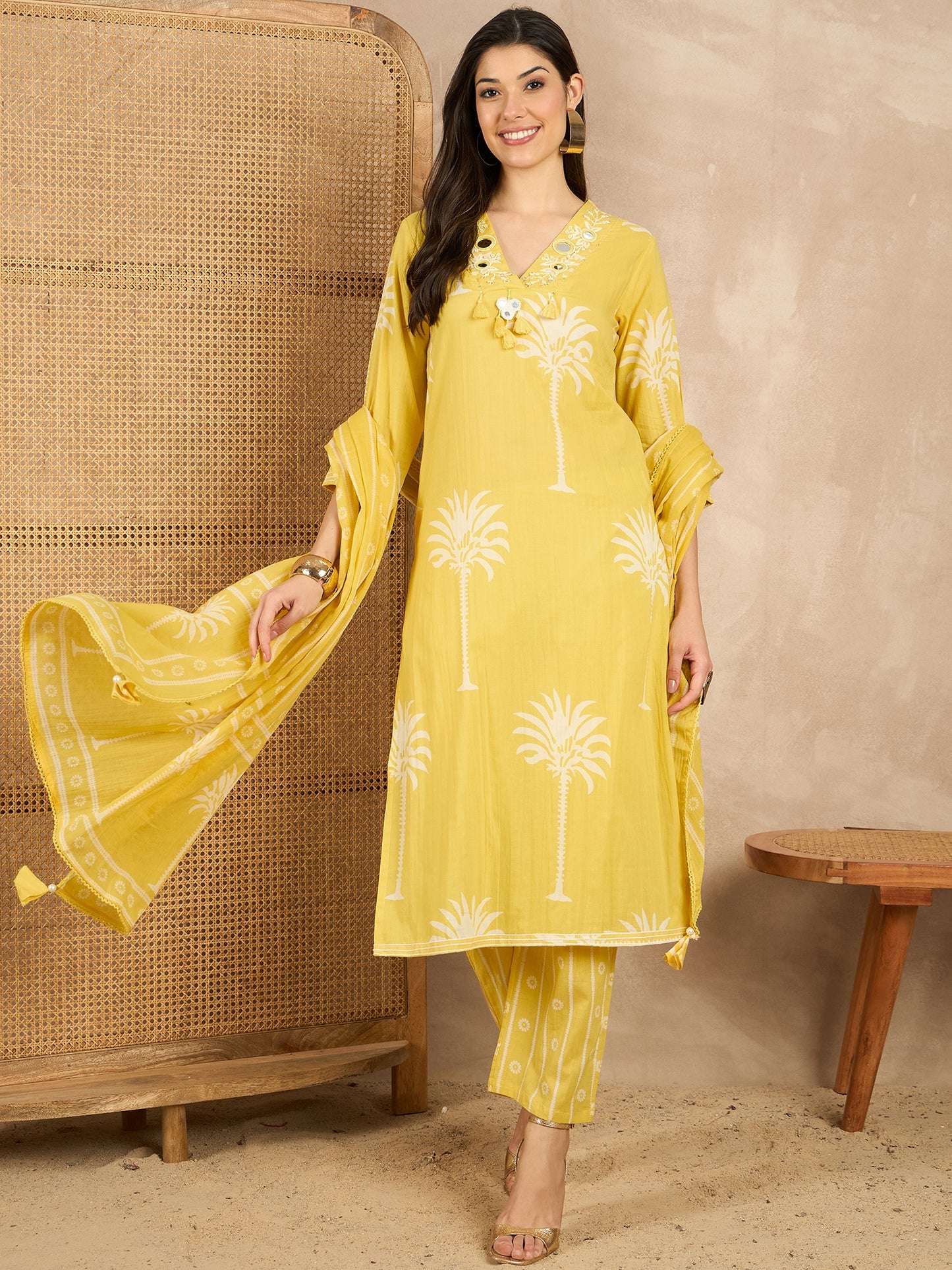 Women Ethnic Motifs Printed Regular Mirror Work Pure Cotton Kurta with Trousers & With Dupatta