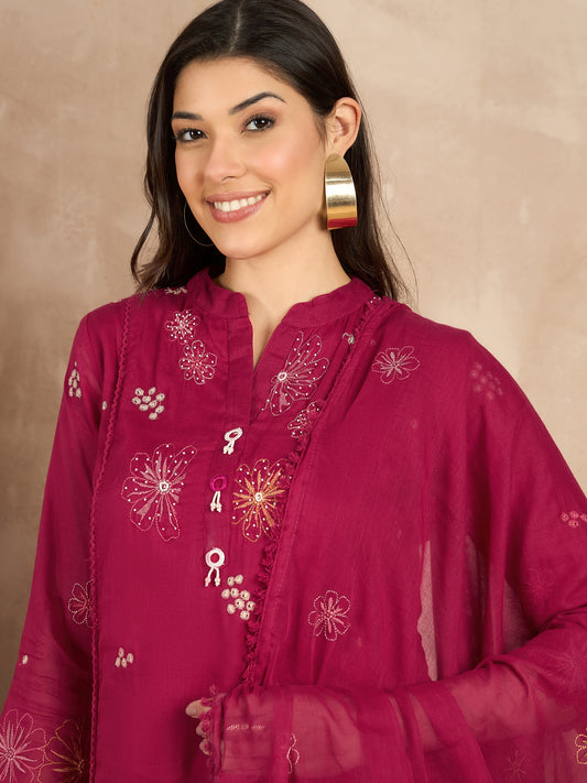 Women Floral Embroidered Regular Thread Work Kurta with Trousers & With Dupatta