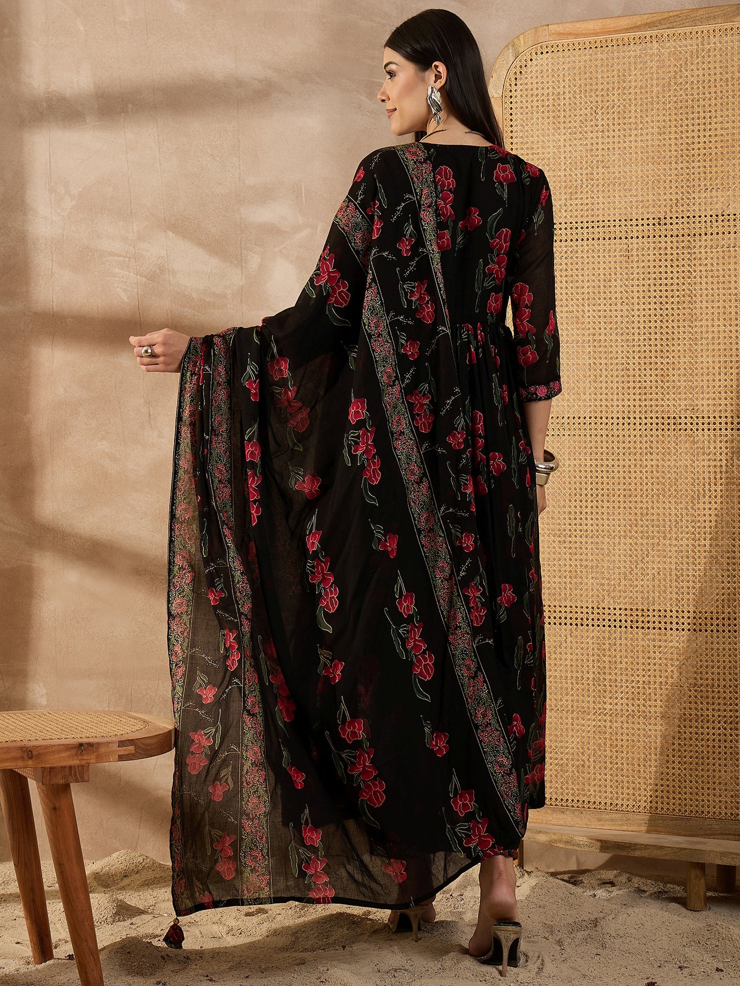 Floral Printed Empire Anarkali Thread Work Voile Kurta With Trousers & Dupatta