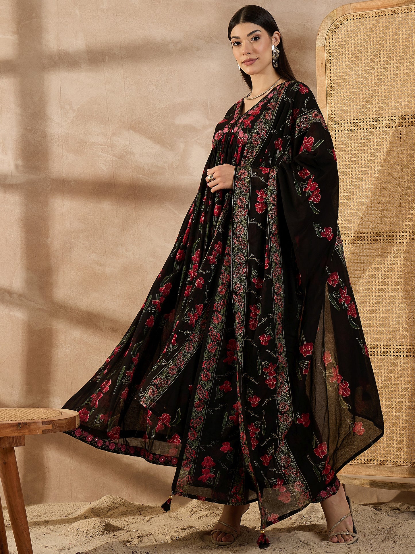 Floral Printed Empire Anarkali Thread Work Voile Kurta With Trousers & Dupatta