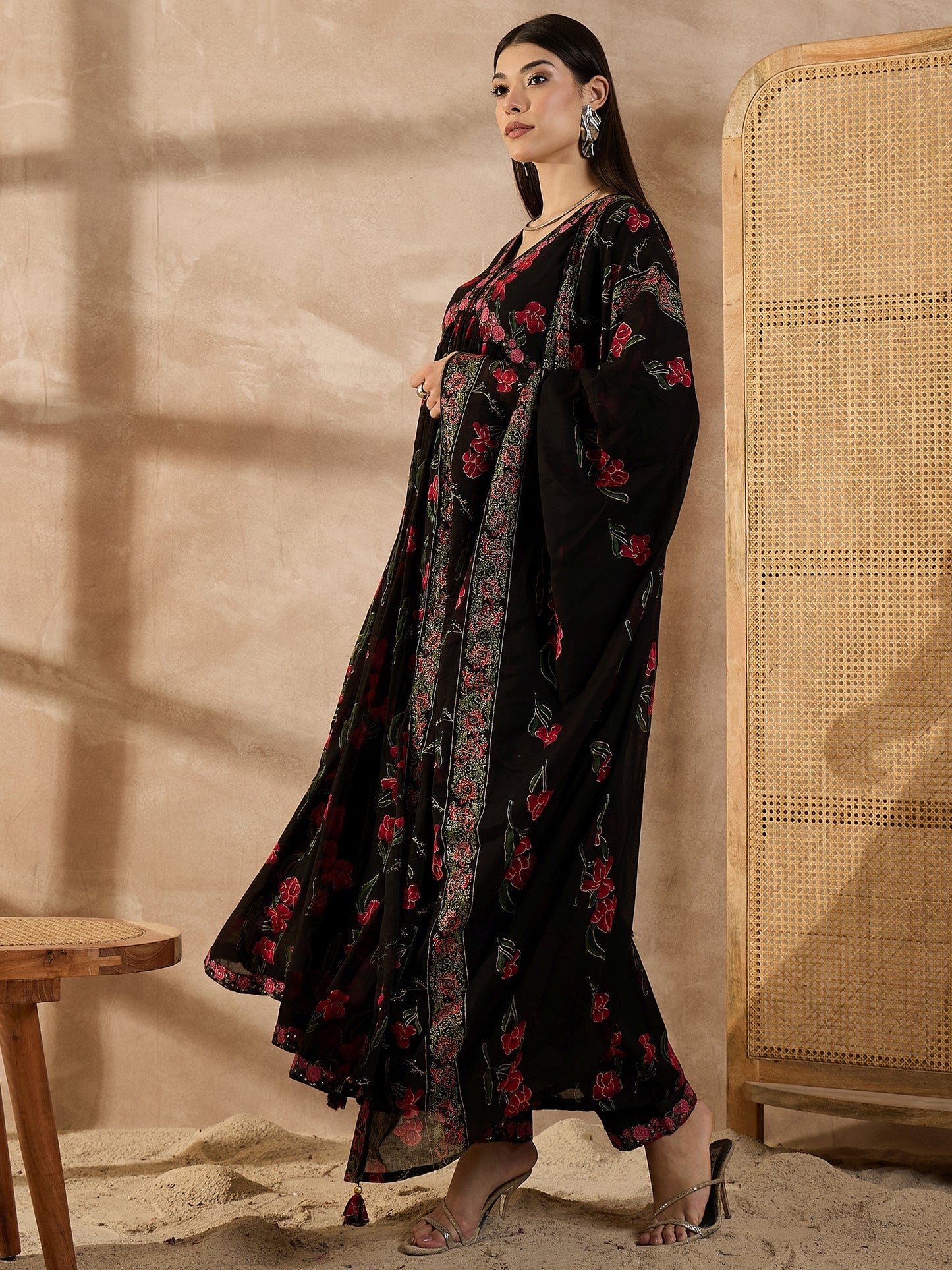 Floral Printed Empire Anarkali Thread Work Voile Kurta With Trousers & Dupatta