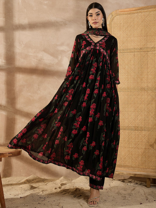 Floral Printed Empire Anarkali Thread Work Voile Kurta With Trousers & Dupatta
