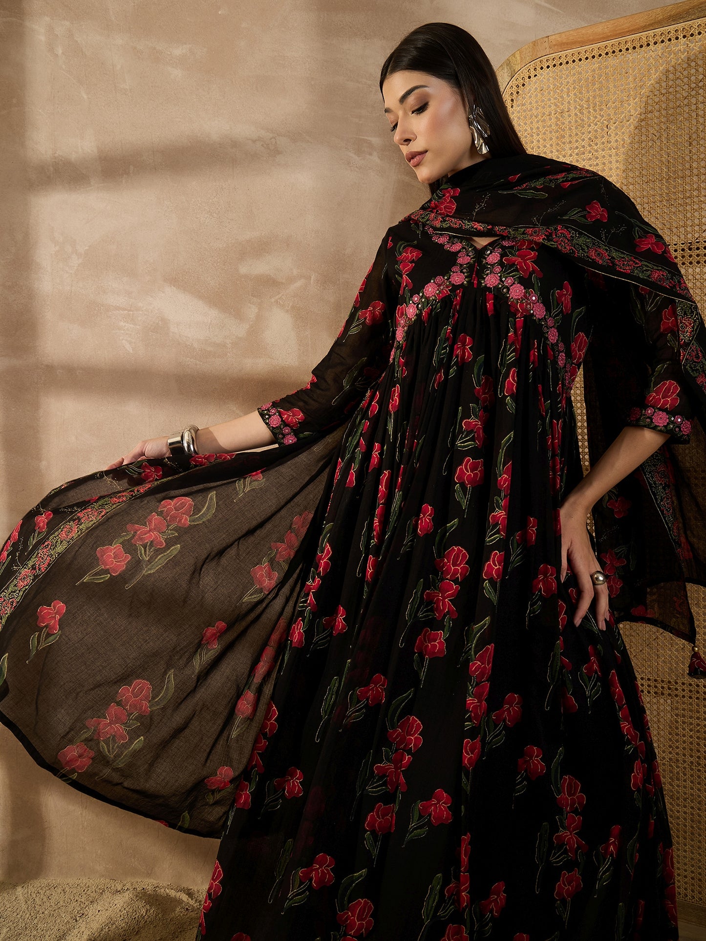 Floral Printed Empire Anarkali Thread Work Voile Kurta With Trousers & Dupatta