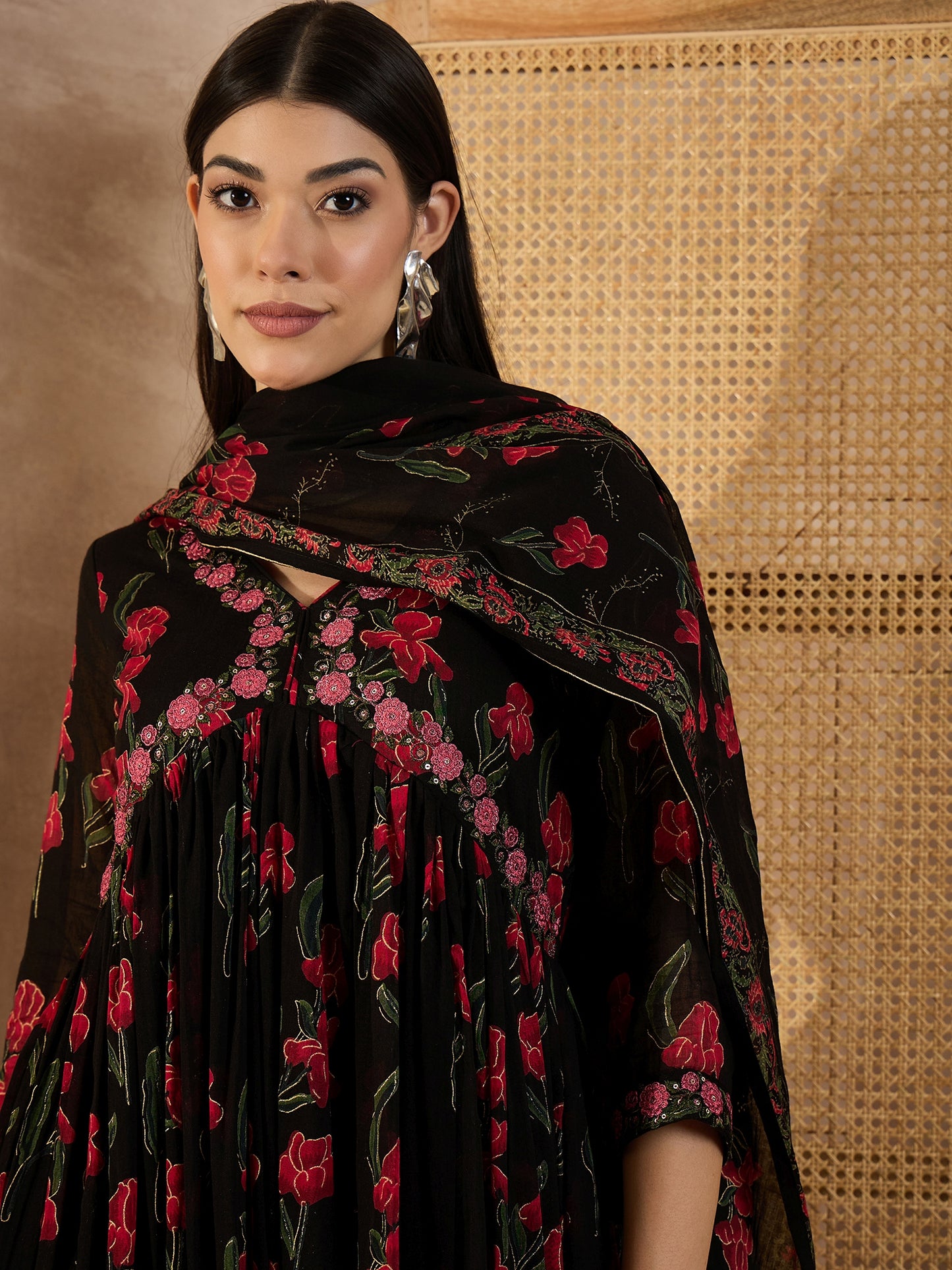 Floral Printed Empire Anarkali Thread Work Voile Kurta With Trousers & Dupatta