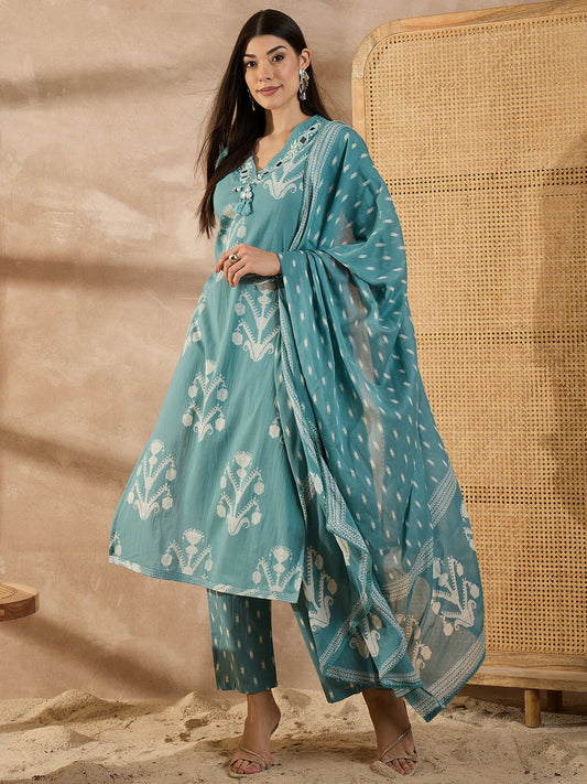 Women Floral Printed Cotton Kurta with Trousers & Dupatta