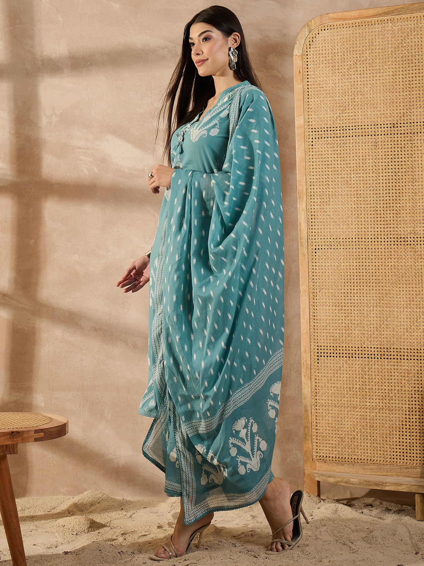 Women Floral Printed Cotton Kurta with Trousers & Dupatta