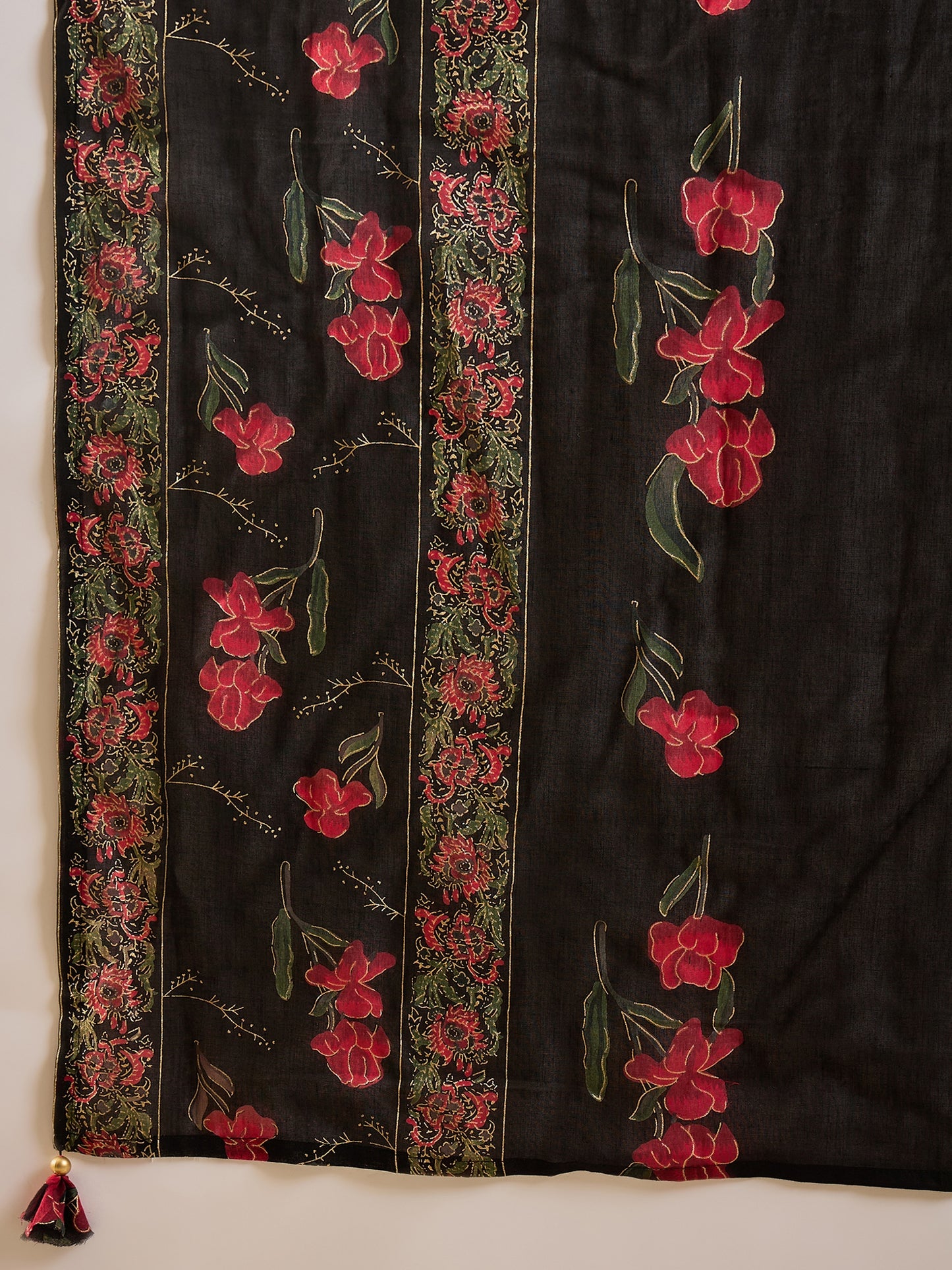 Floral Printed Empire Anarkali Thread Work Voile Kurta With Trousers & Dupatta