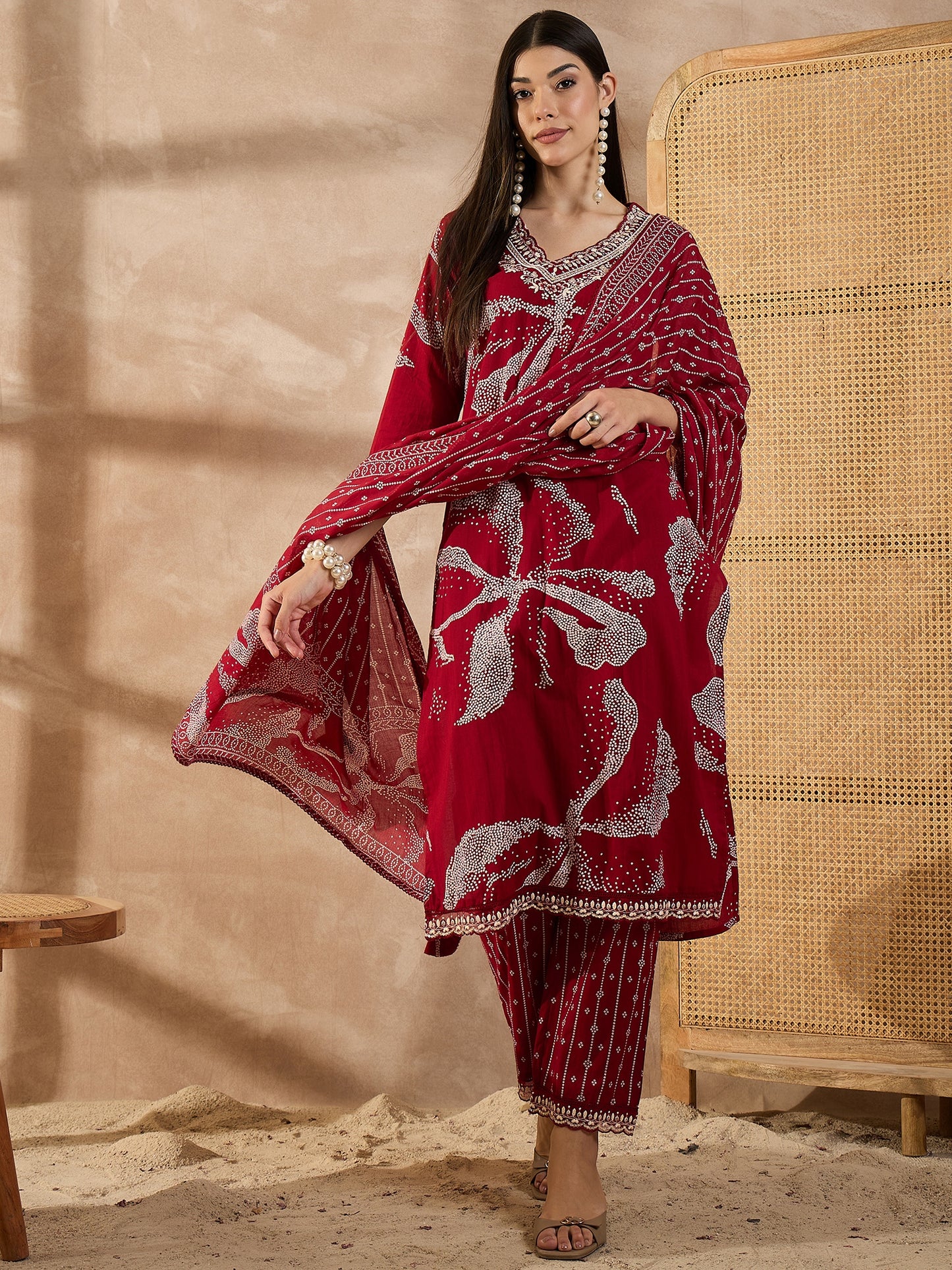 Bandhani Printed Beads and Stones Pure Cotton Kurta With Trousers & Dupatta