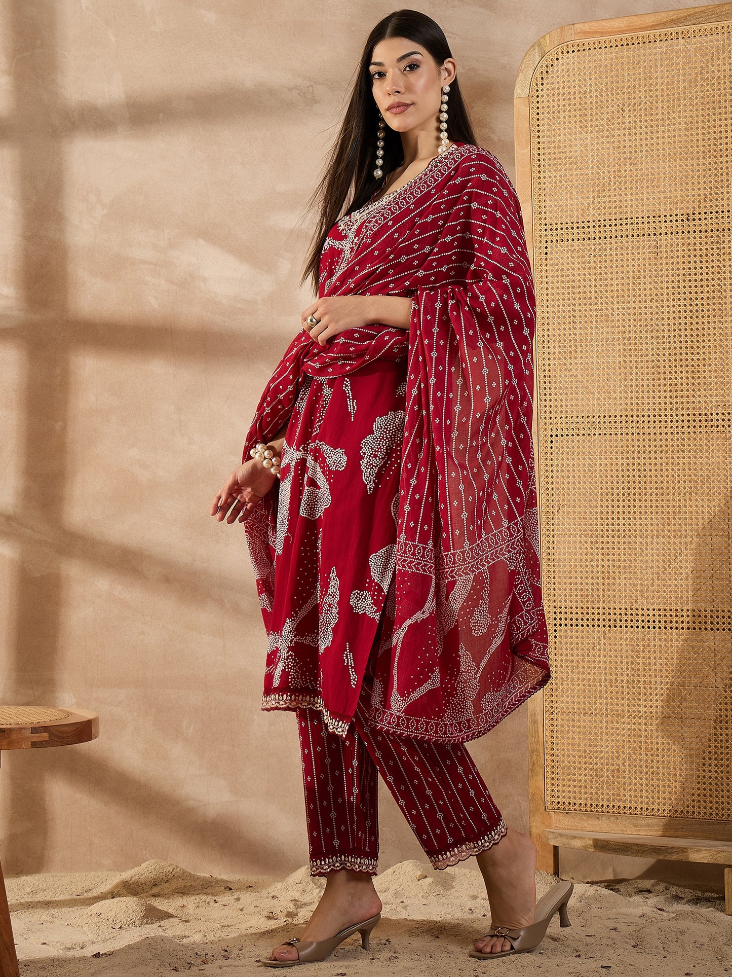 Bandhani Printed Beads and Stones Pure Cotton Kurta With Trousers & Dupatta