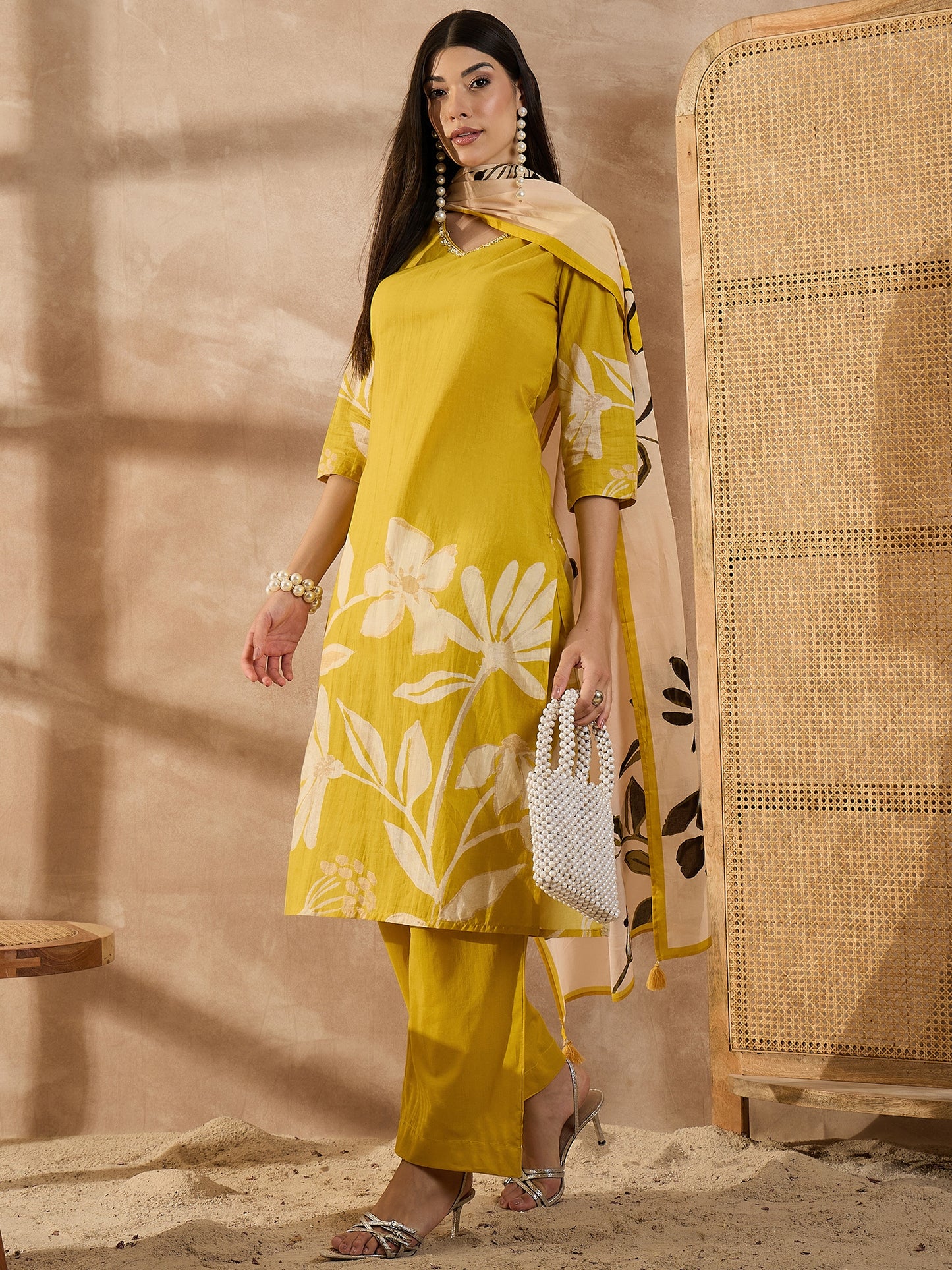 Women Floral Printed Cotton Kurta with Palazzo & Dupatta