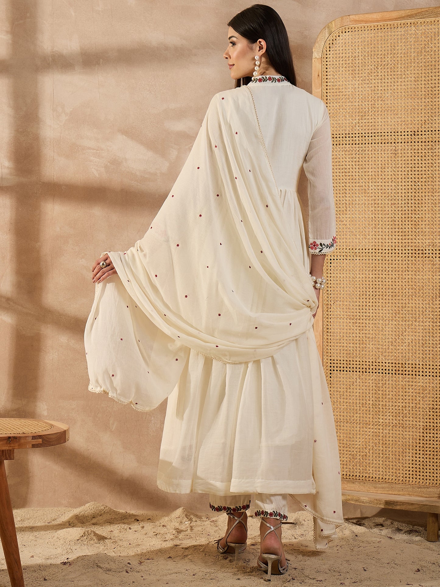 Women Floral Embroidered Anarkali Kurta with Trousers & Dupatta