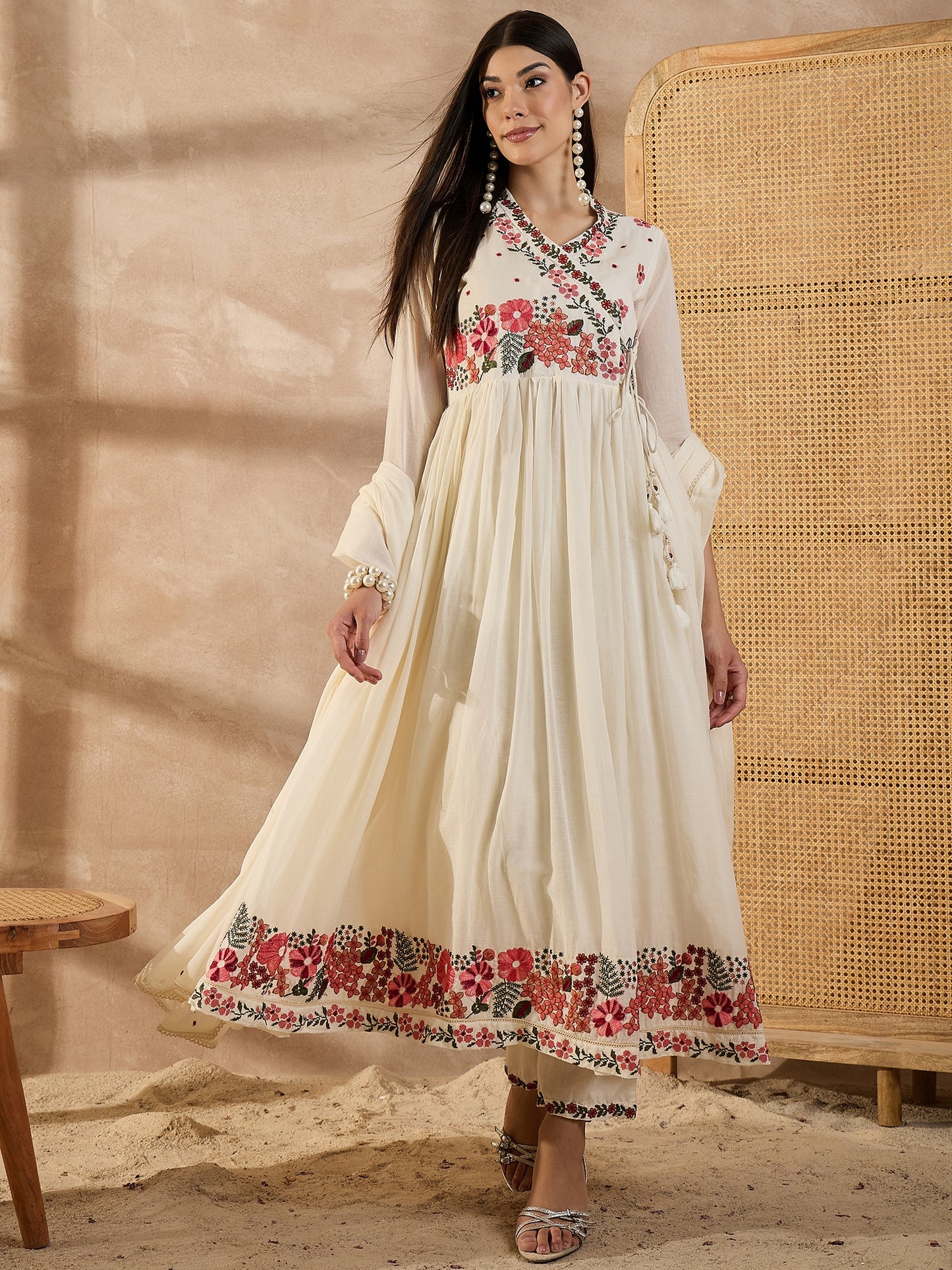 Women Floral Embroidered Anarkali Kurta with Trousers & Dupatta