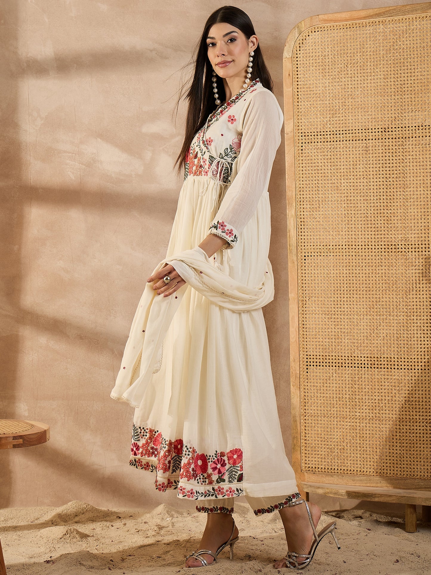 Women Floral Embroidered Anarkali Kurta with Trousers & Dupatta