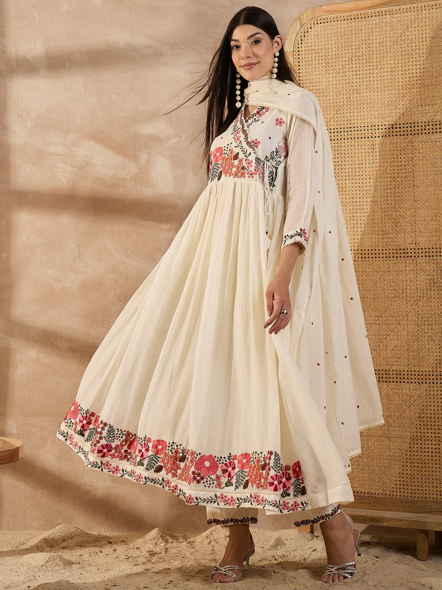Women Floral Embroidered Anarkali Kurta with Trousers & Dupatta