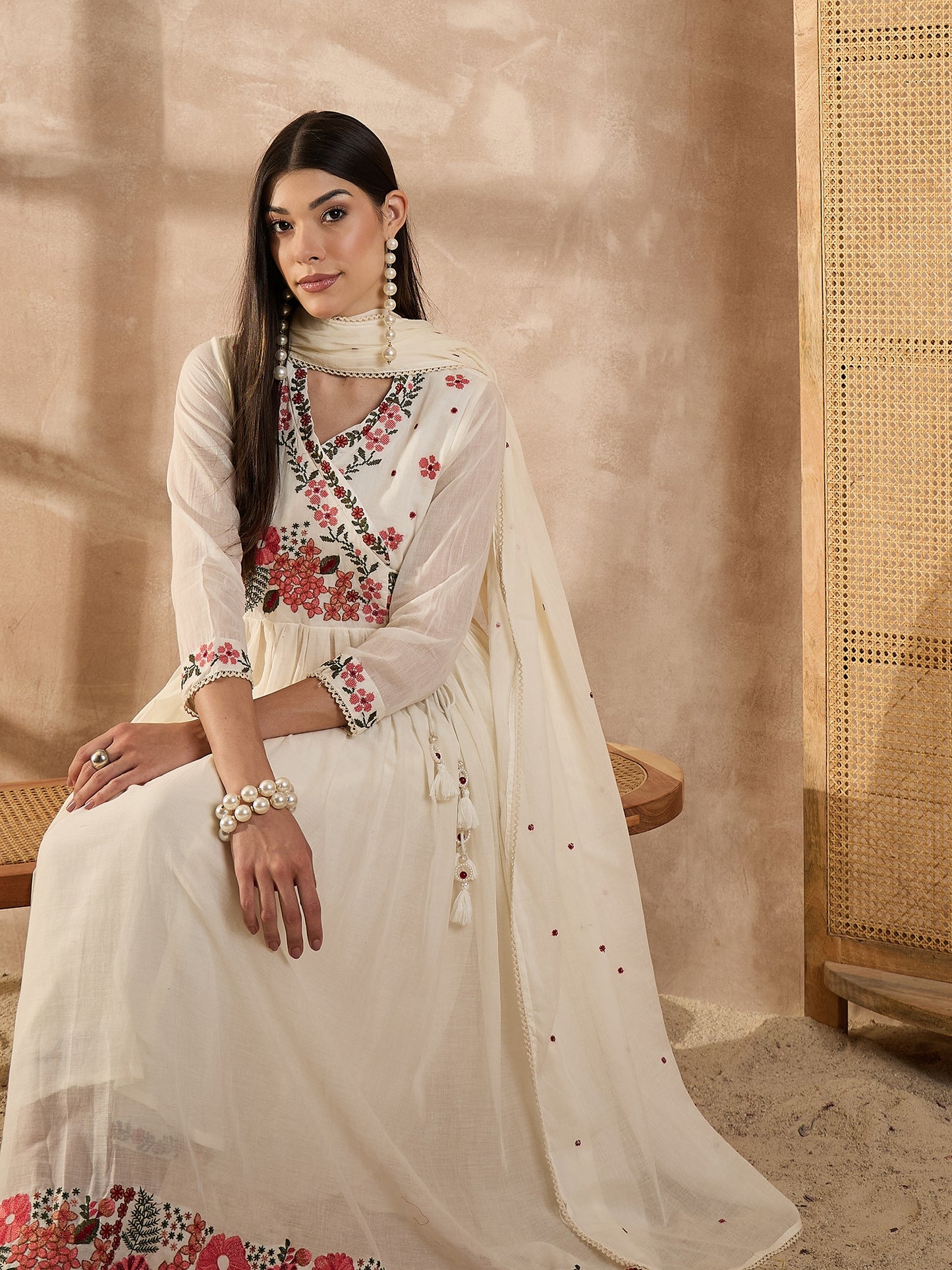 Women Floral Embroidered Anarkali Kurta with Trousers & Dupatta
