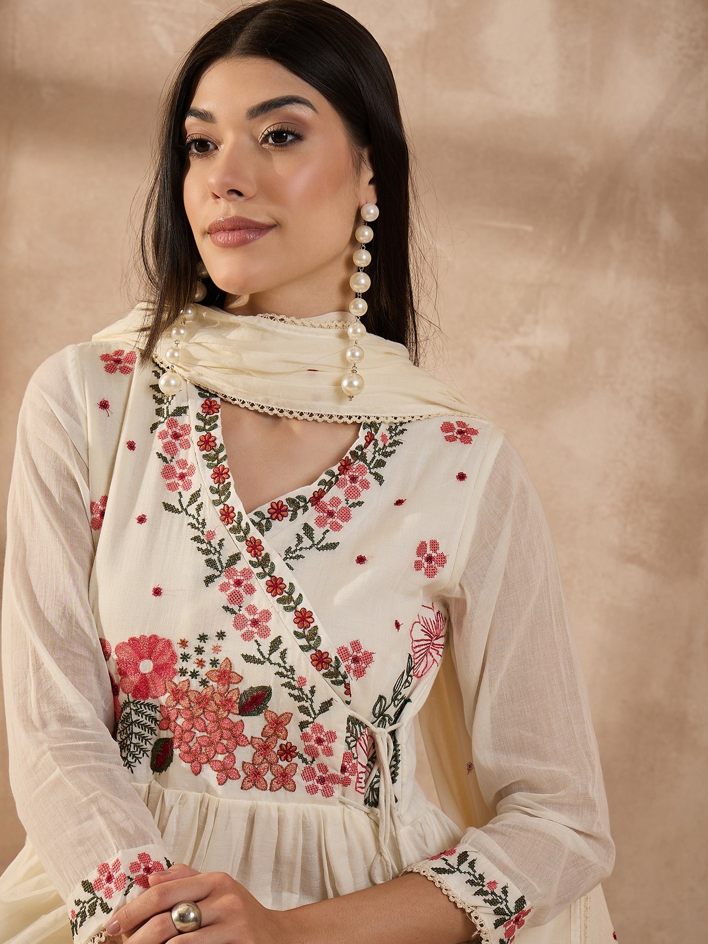 Women Floral Embroidered Anarkali Kurta with Trousers & Dupatta