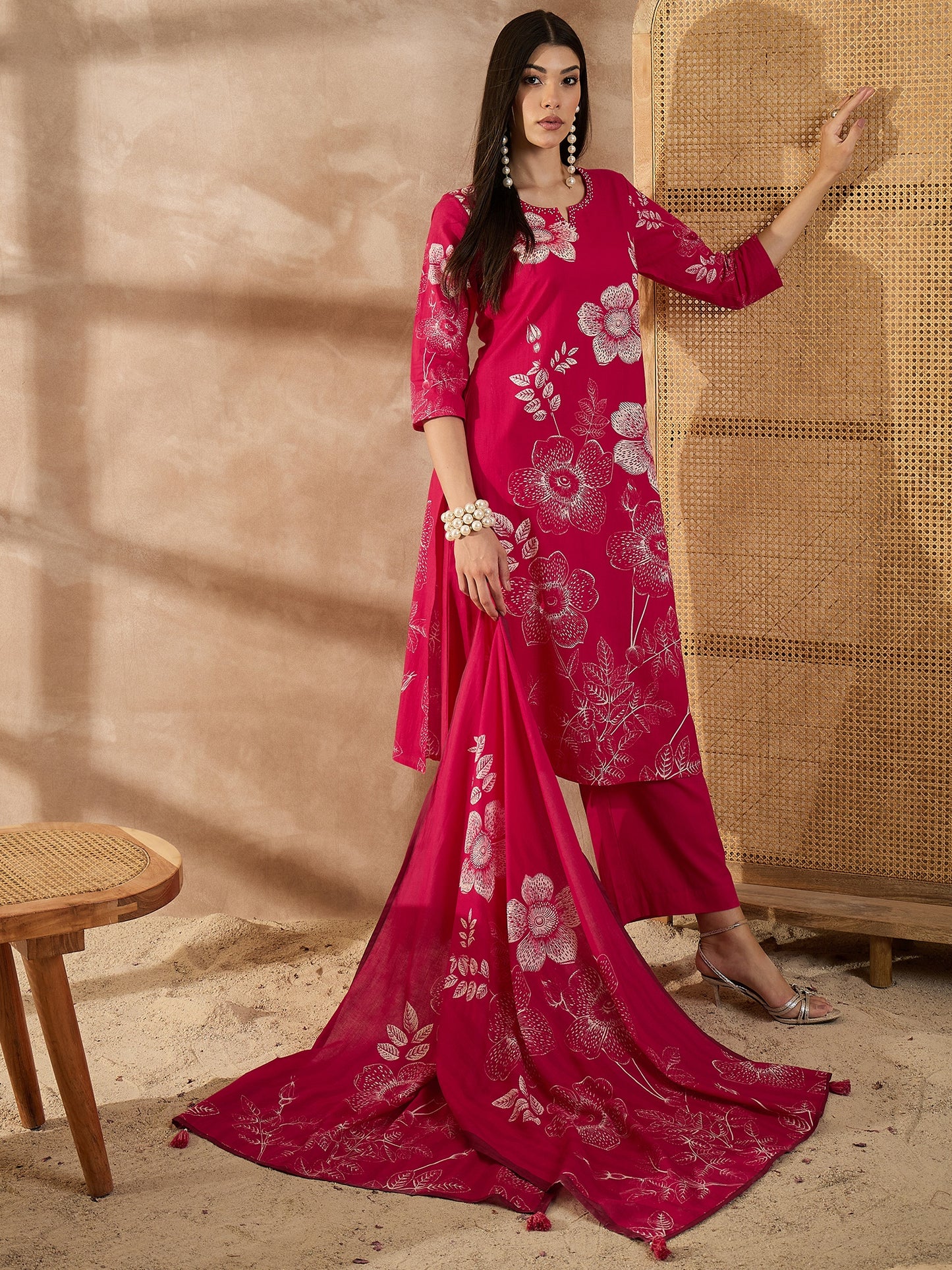 Women Pure Cotton Digital Printed Kurti Along With Trouser And Dupatta Kurta Sets