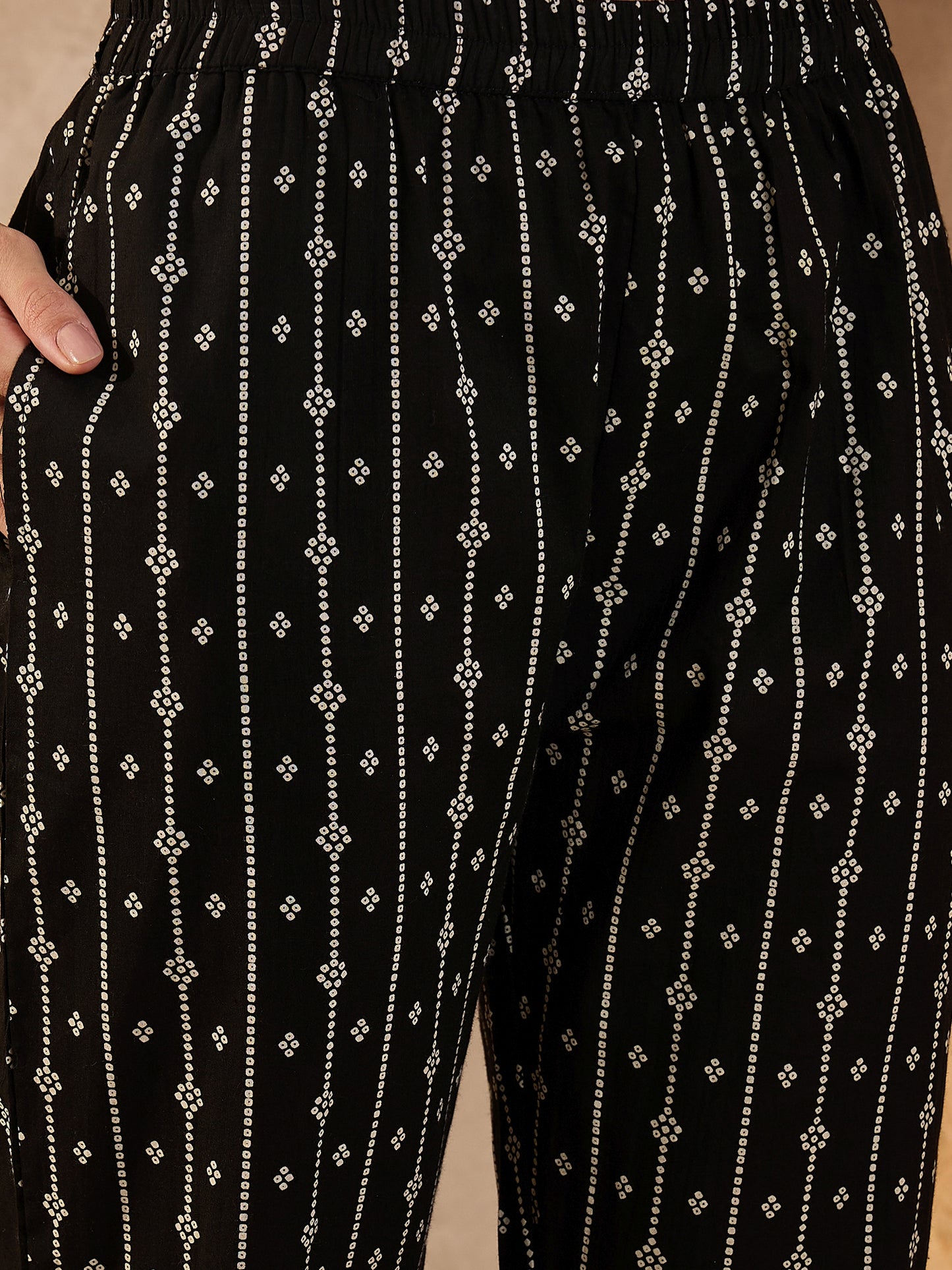 Bandhani Printed V-Neck Beads and Stones Pure Cotton Kurta With Trousers & Dupatta