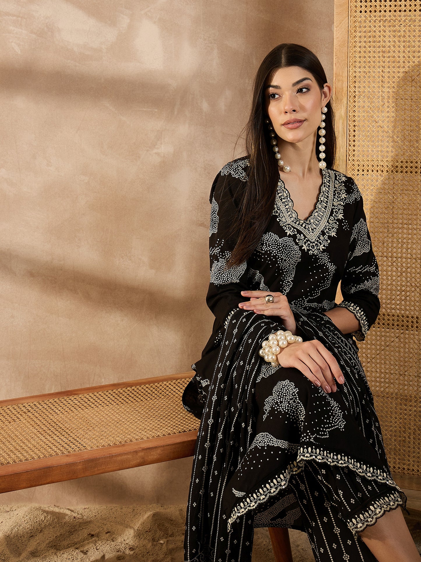Bandhani Printed V-Neck Beads and Stones Pure Cotton Kurta With Trousers & Dupatta