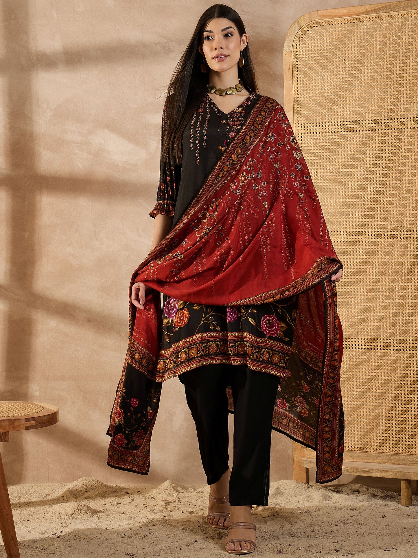 Women Ethnic Motifs Printed Silk Kurta with Trousers & Dupatta