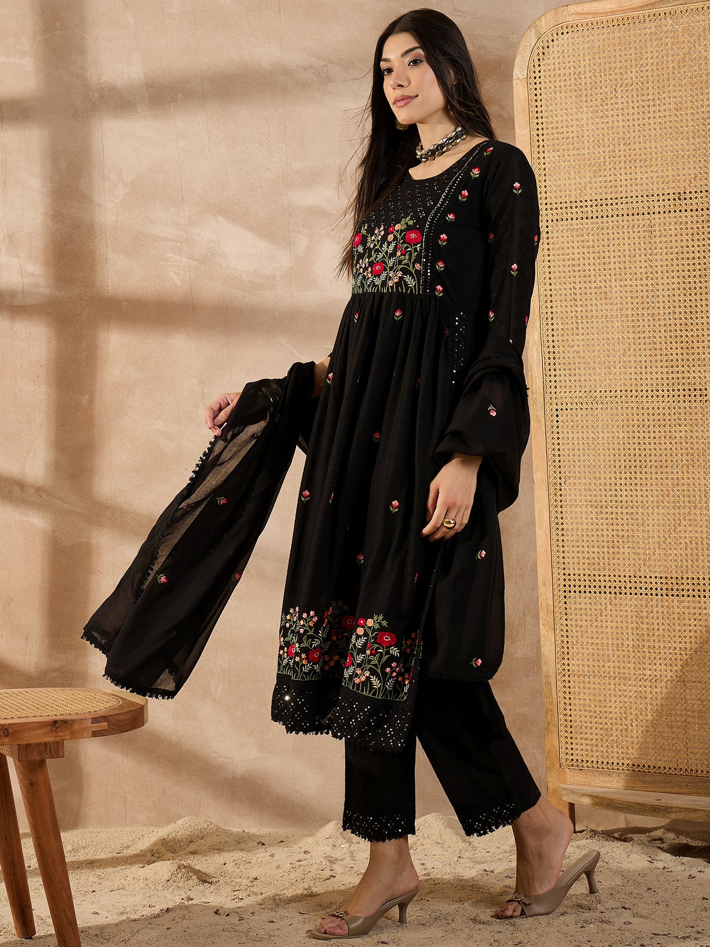 Floral Embroidered Thread Work Organic Cotton Straight Kurta With Trousers & Dupatta