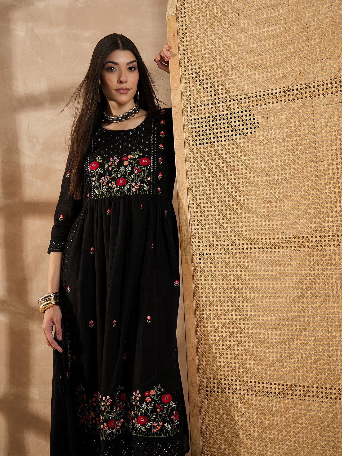 Floral Embroidered Thread Work Organic Cotton Straight Kurta With Trousers & Dupatta