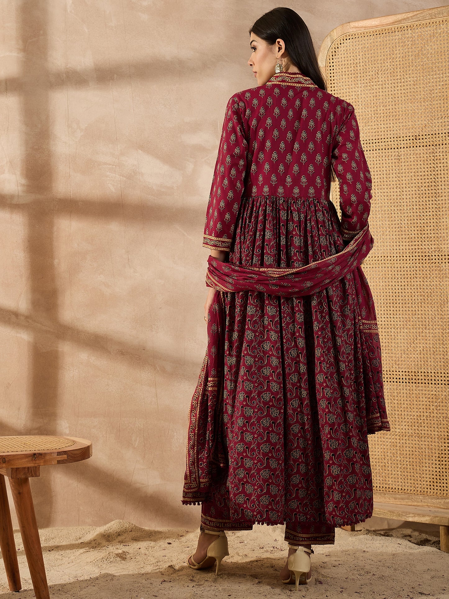 Floral Printed Sequinned Pleated Anarkali Pure Cotton Kurta With Trousers & Dupatta