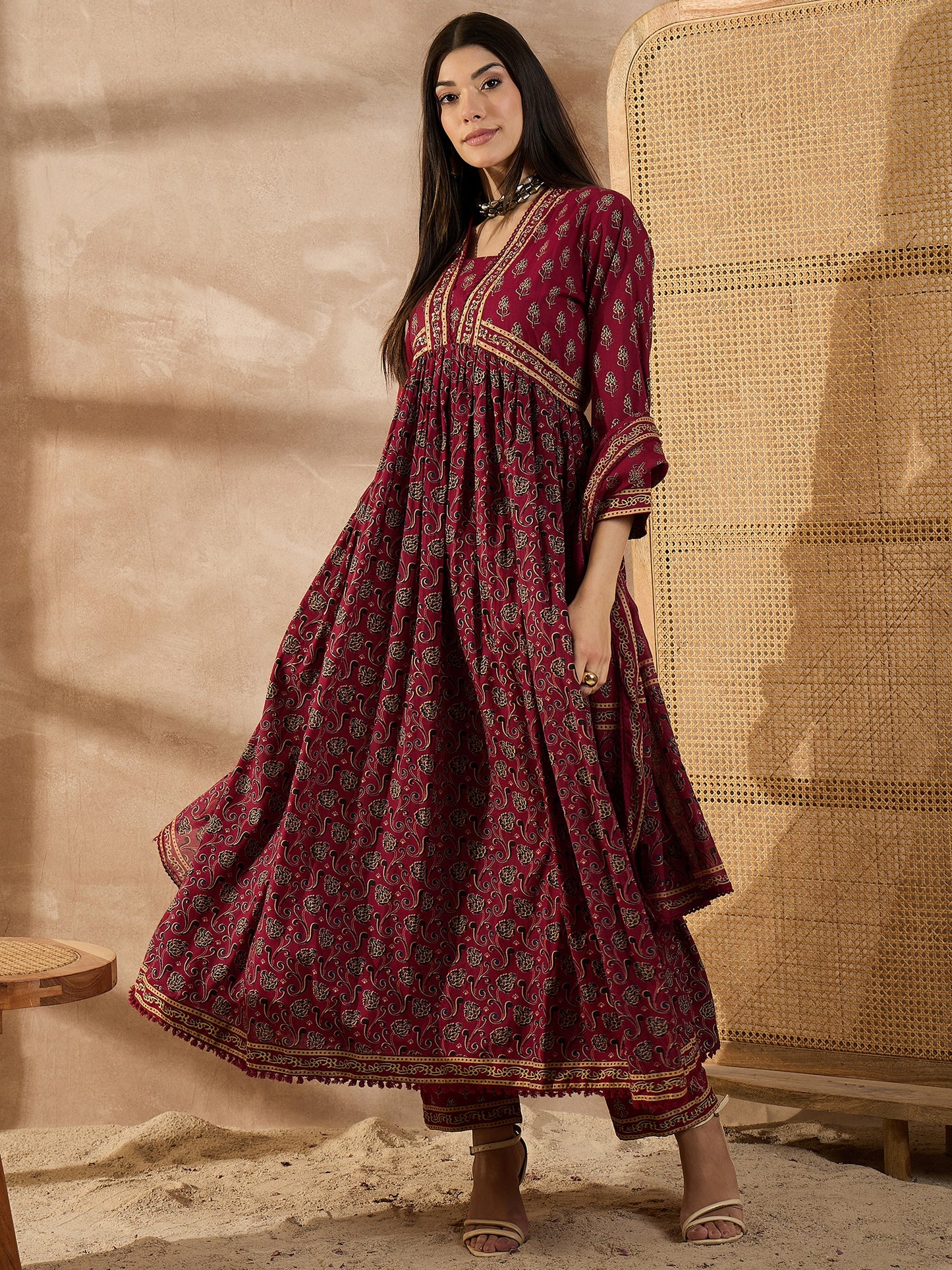 Floral Printed Sequinned Pleated Anarkali Pure Cotton Kurta With Trousers & Dupatta