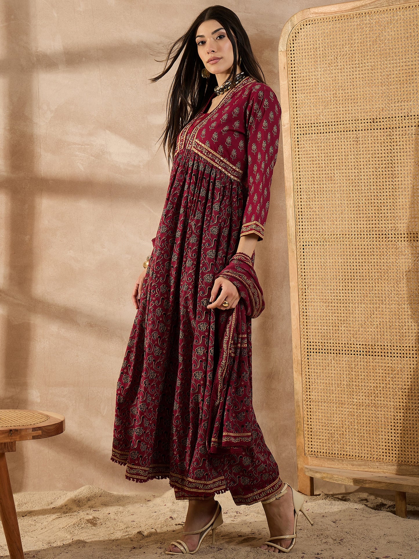 Floral Printed Sequinned Pleated Anarkali Pure Cotton Kurta With Trousers & Dupatta