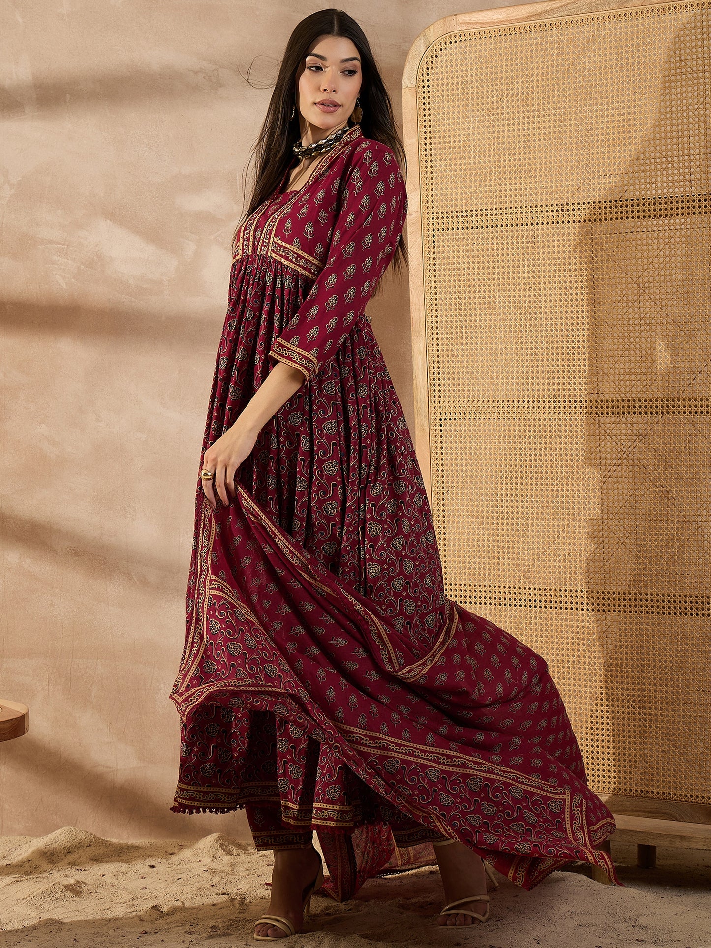 Floral Printed Sequinned Pleated Anarkali Pure Cotton Kurta With Trousers & Dupatta
