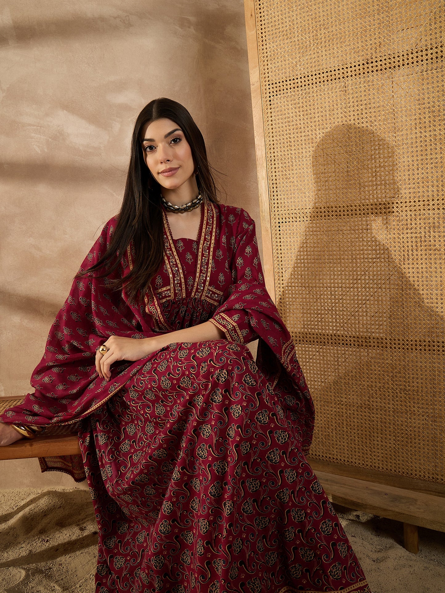 Floral Printed Sequinned Pleated Anarkali Pure Cotton Kurta With Trousers & Dupatta