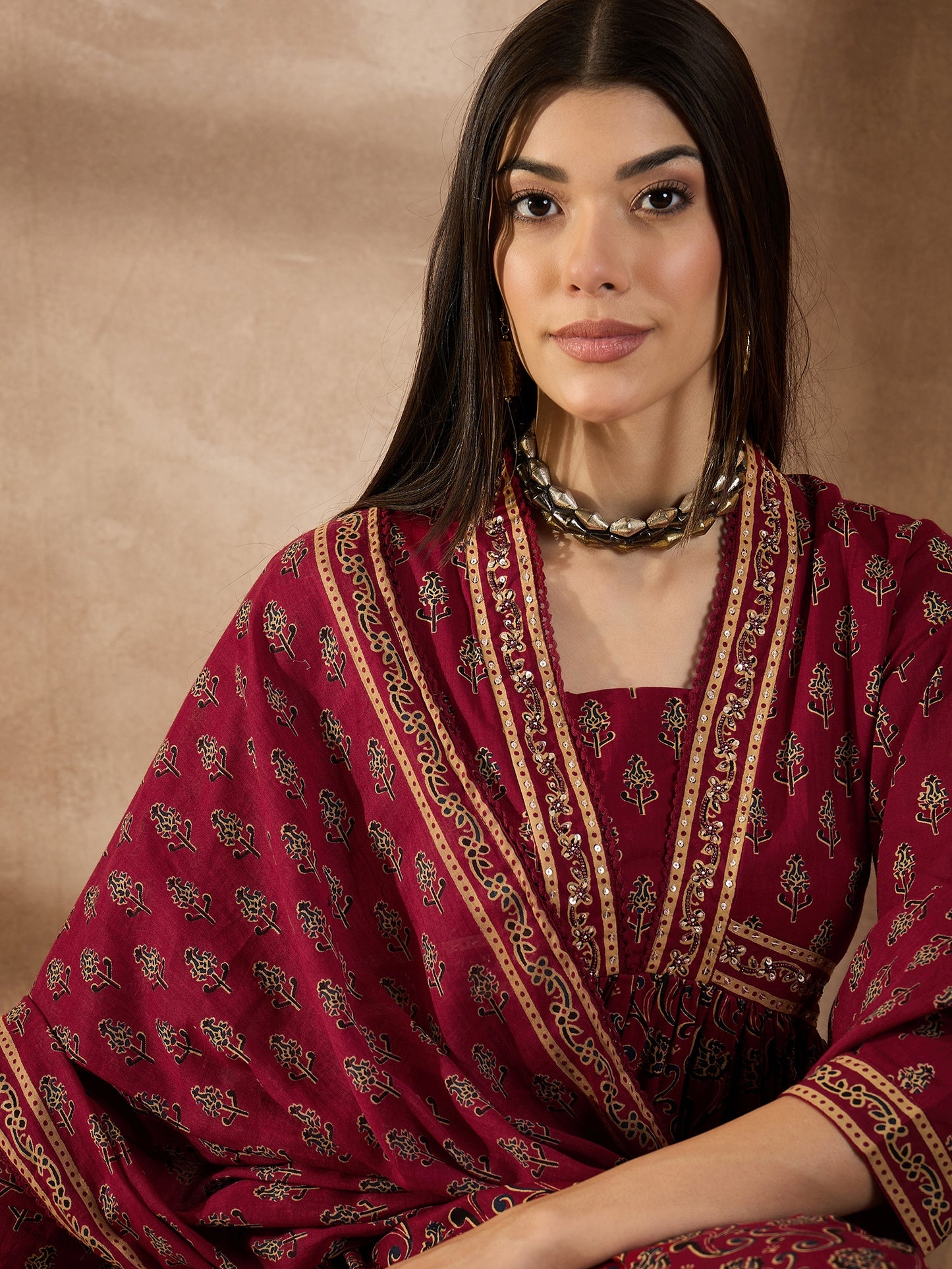 Floral Printed Sequinned Pleated Anarkali Pure Cotton Kurta With Trousers & Dupatta